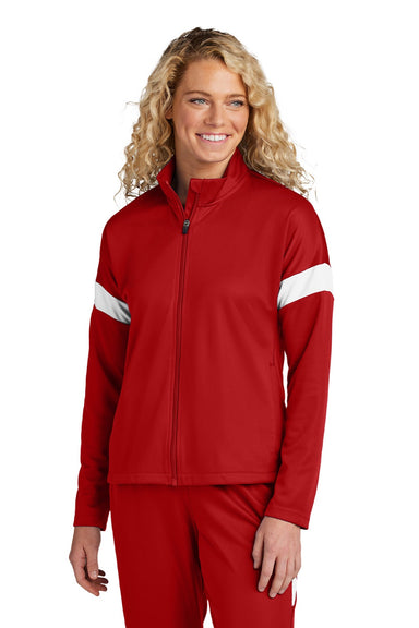 Sport-Tek LST800 Womens Moisture Wicking Travel Full Zip Jacket Deep Red/White Model Front