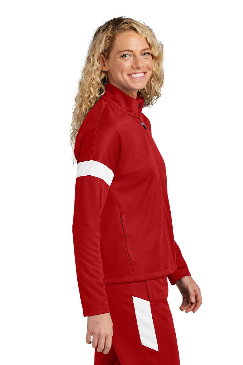 Sport-Tek LST800 Womens Moisture Wicking Travel Full Zip Jacket Deep Red/White Model Side