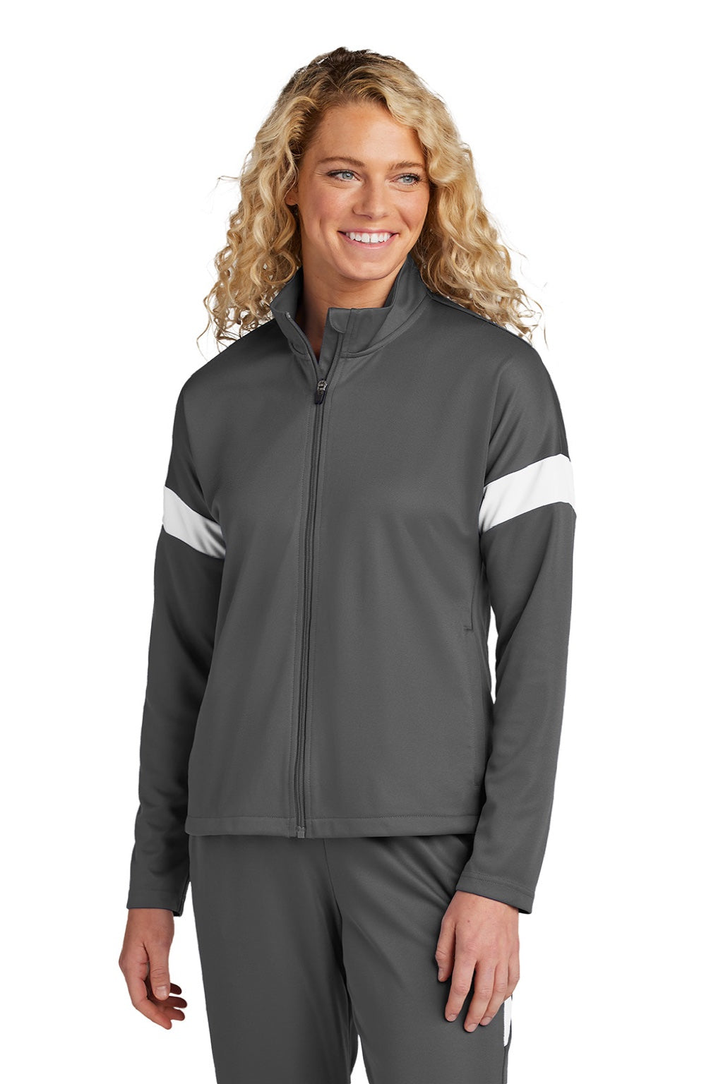 Sport-Tek LST800 Womens Moisture Wicking Travel Full Zip Jacket Iron Grey/White Model Front