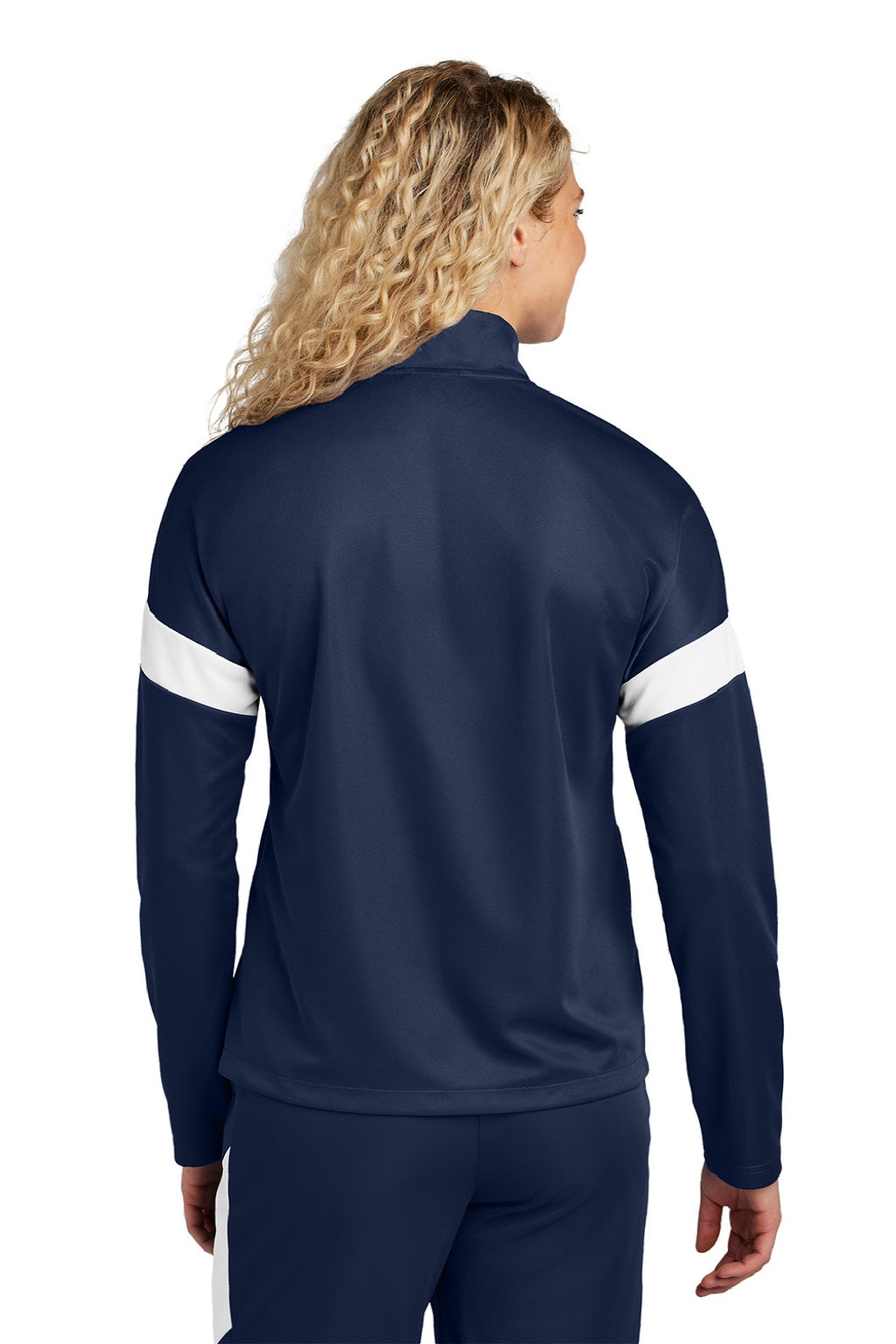 Sport-Tek LST800 Womens Moisture Wicking Travel Full Zip Jacket True Navy Blue/White Model Back