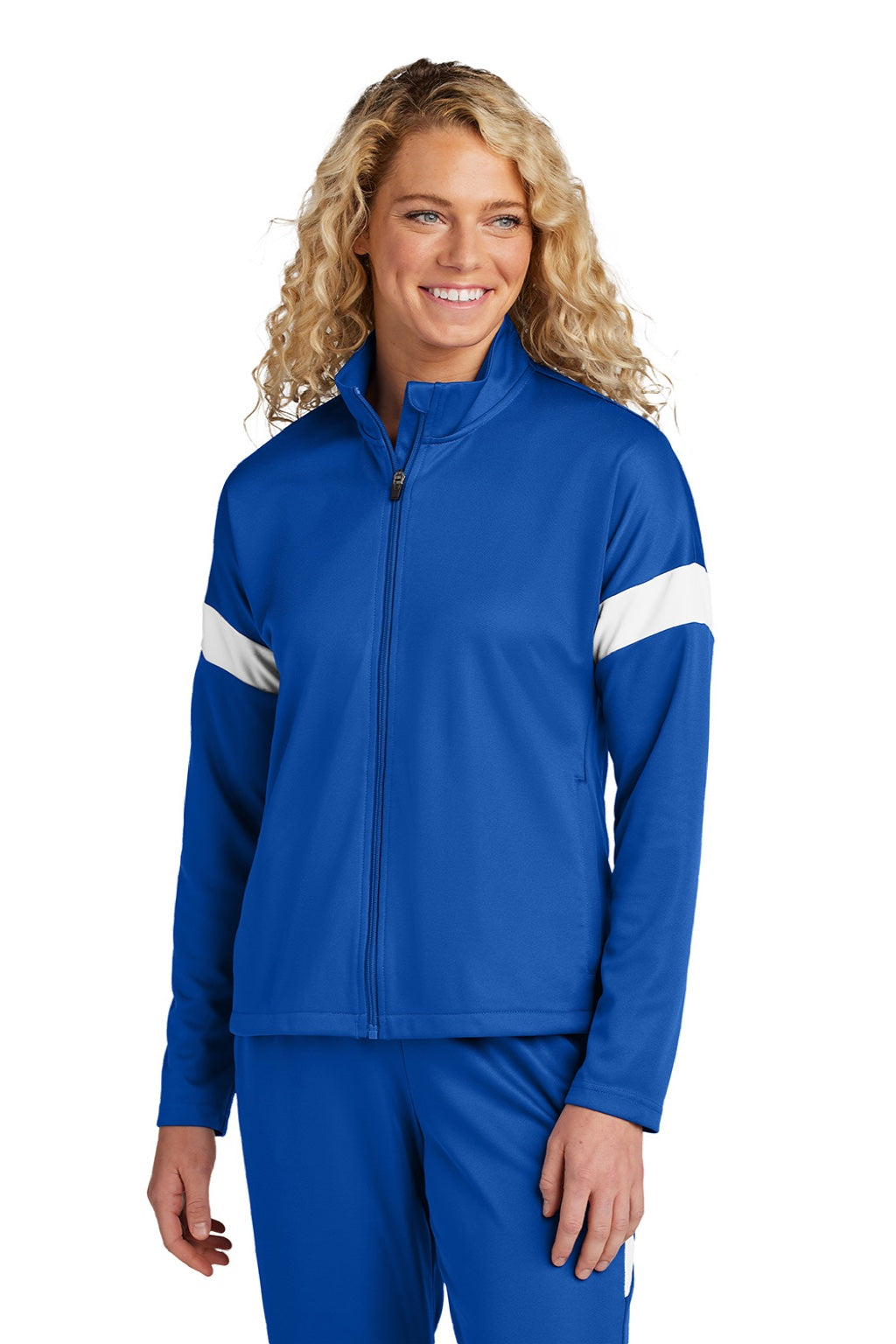 Sport-Tek LST800 Womens Moisture Wicking Travel Full Zip Jacket True Royal Blue/White Model Front