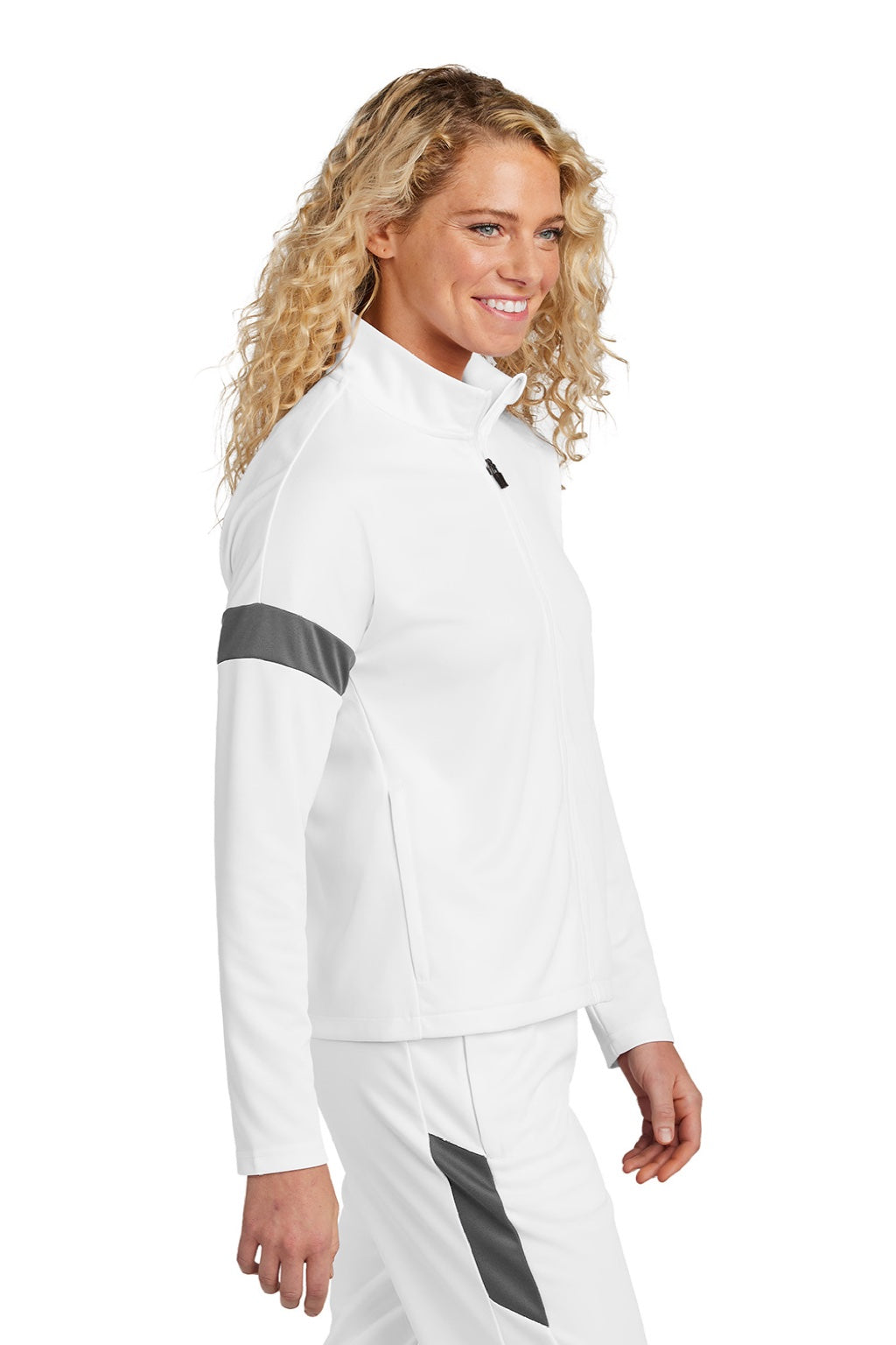 Sport-Tek LST800 Womens Moisture Wicking Travel Full Zip Jacket White/Iron Grey Model Side