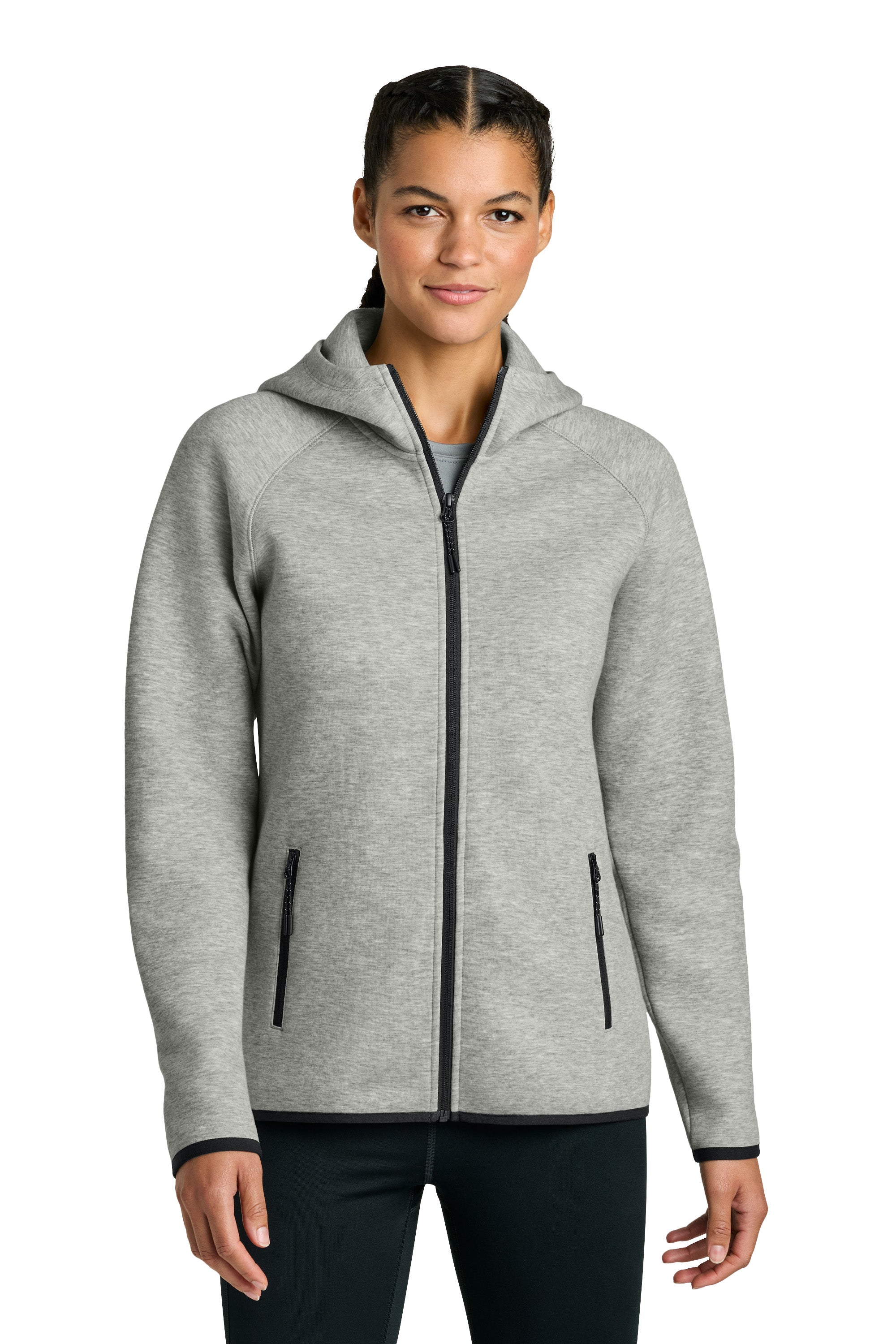 Sport-Tek LST840 Womens Phenom Full Zip Hooded Sweatshirt Hoodie w/ Pockets Heather Grey Model Front