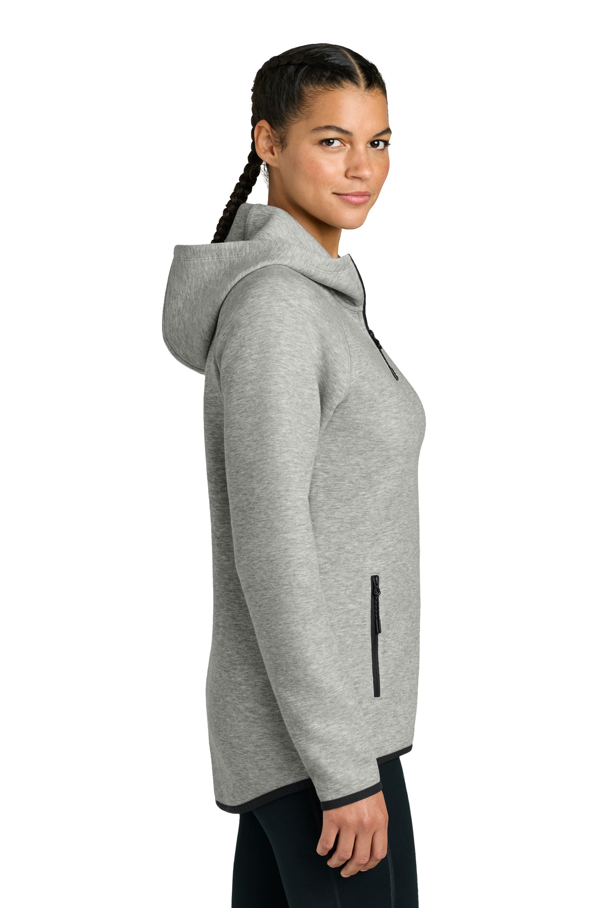 Sport-Tek LST840 Womens Phenom Full Zip Hooded Sweatshirt Hoodie w/ Pockets Heather Grey Model Side