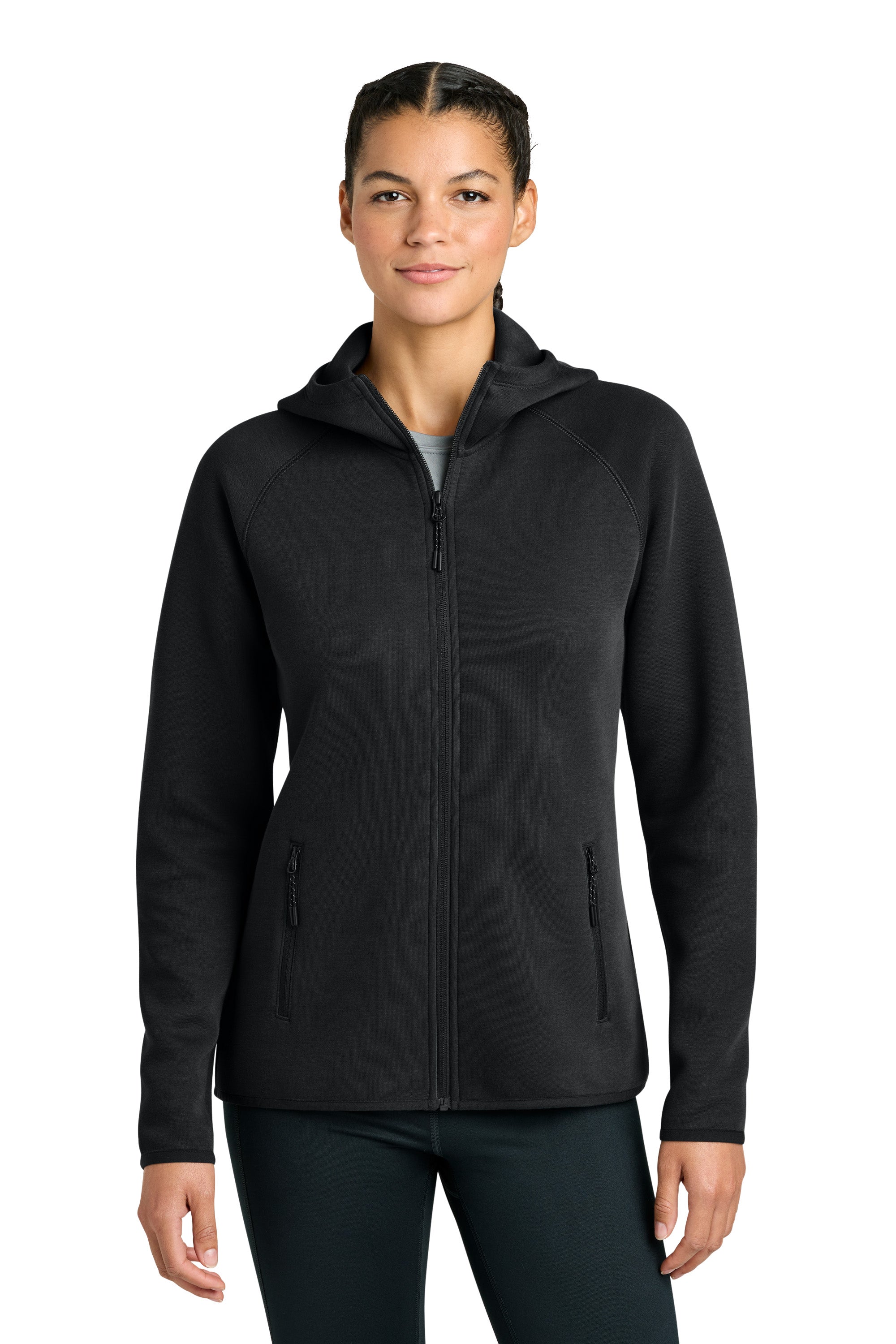 Sport-Tek LST840 Womens Phenom Full Zip Hooded Sweatshirt Hoodie w/ Pockets Black Model Front