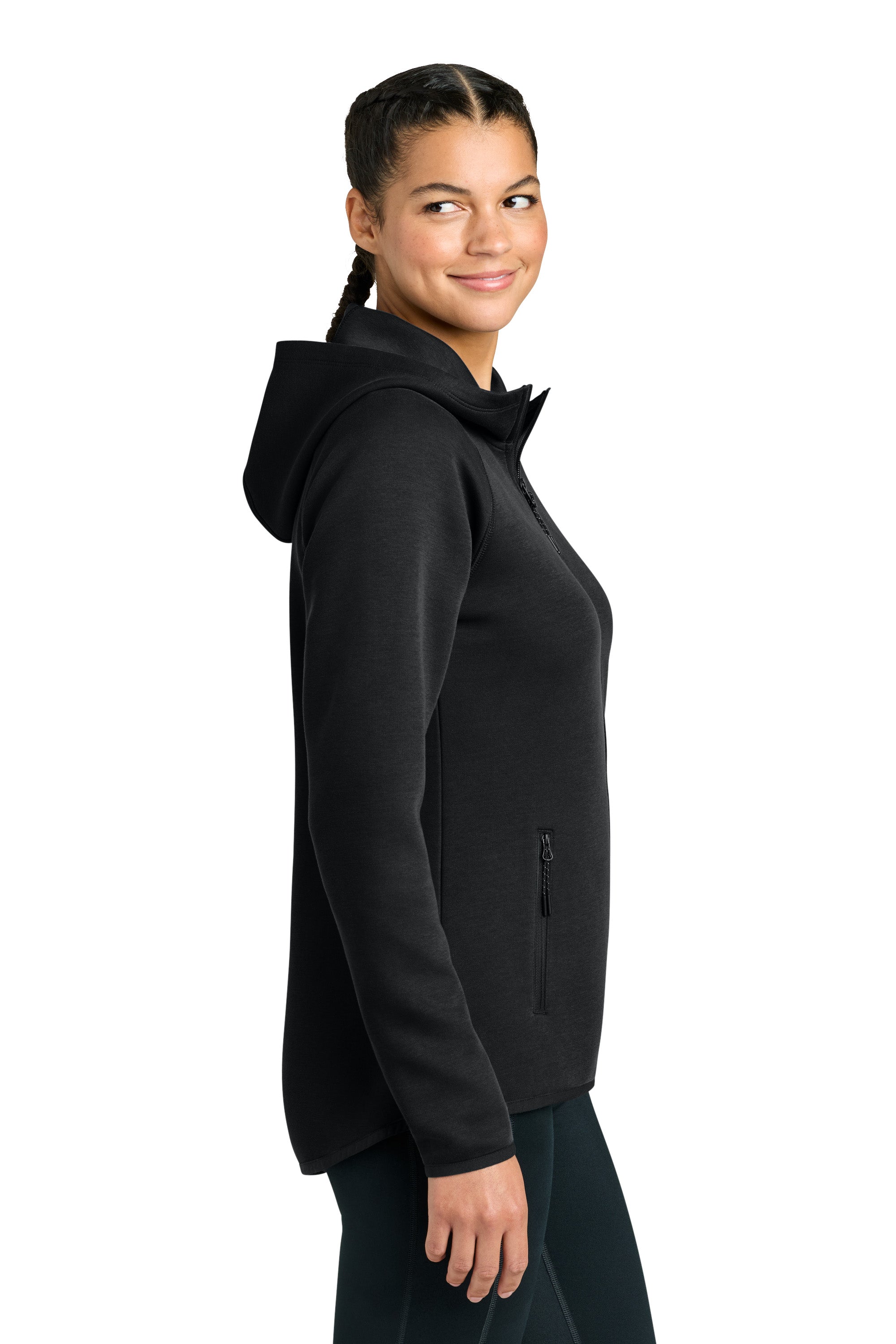 Sport-Tek LST840 Womens Phenom Full Zip Hooded Sweatshirt Hoodie w/ Pockets Black Model Side