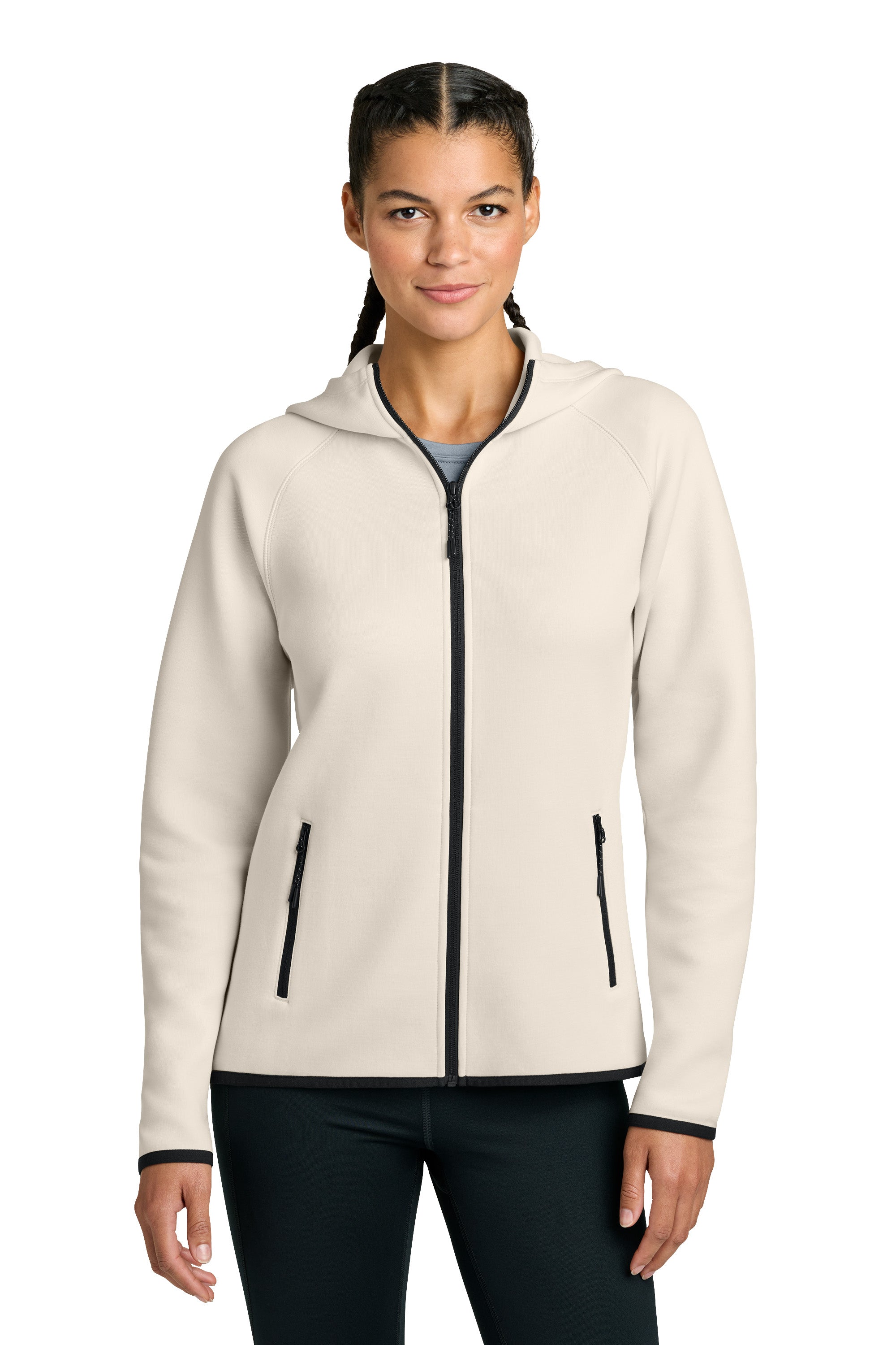 Sport-Tek LST840 Womens Phenom Full Zip Hooded Sweatshirt Hoodie w/ Pockets Ecru Model Front