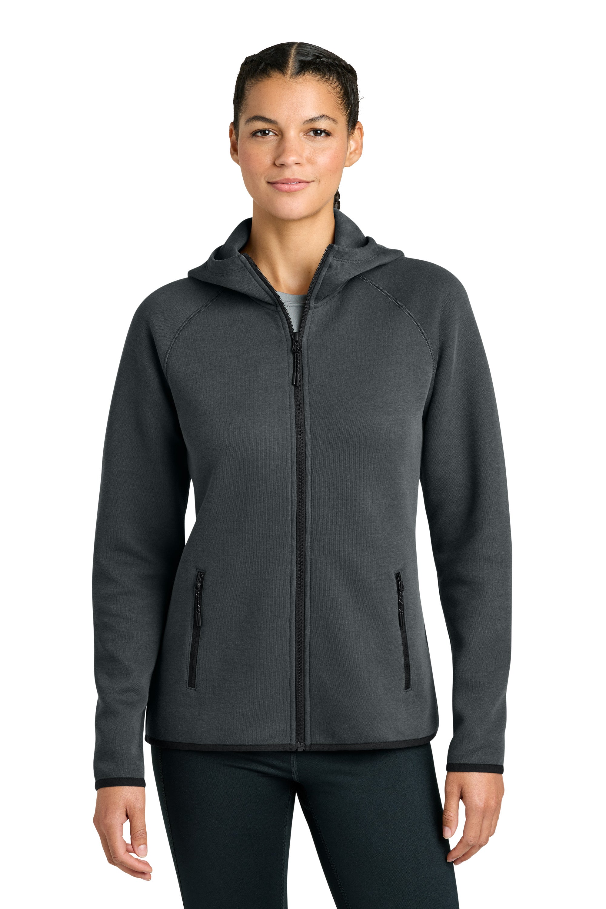 Sport-Tek LST840 Womens Phenom Full Zip Hooded Sweatshirt Hoodie w/ Pockets Iron Grey Model Front