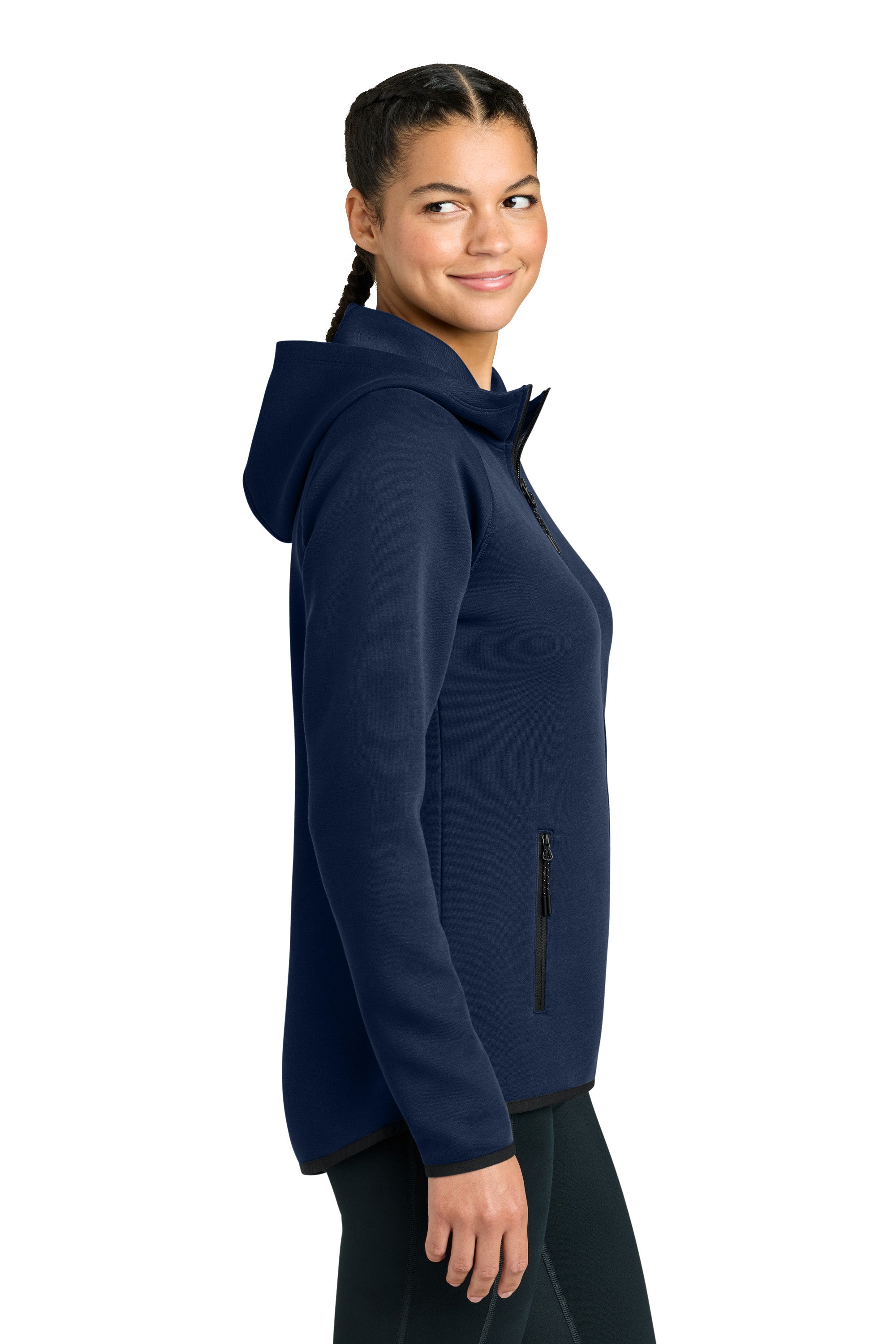 Sport-Tek LST840 Womens Phenom Full Zip Hooded Sweatshirt Hoodie w/ Pockets True Navy Blue Model Side