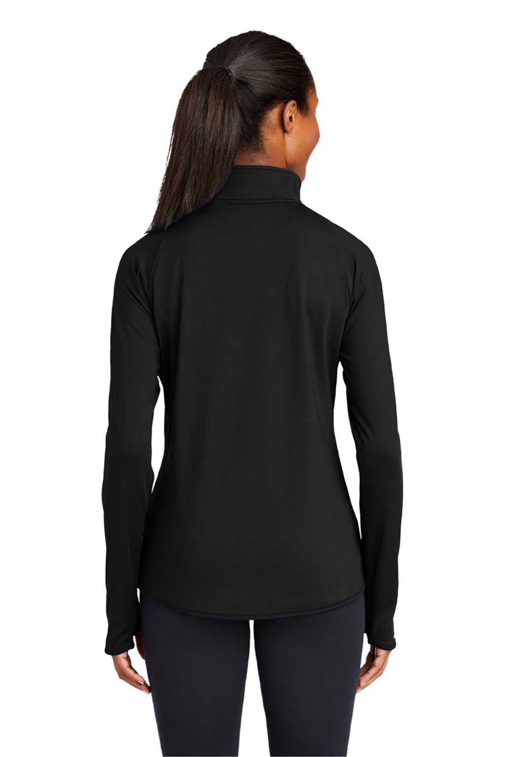 Sport-Tek LST850 Womens Sport-Wick Moisture Wicking 1/4 Zip Sweatshirt w/ Pouch Pocket Black Model Back