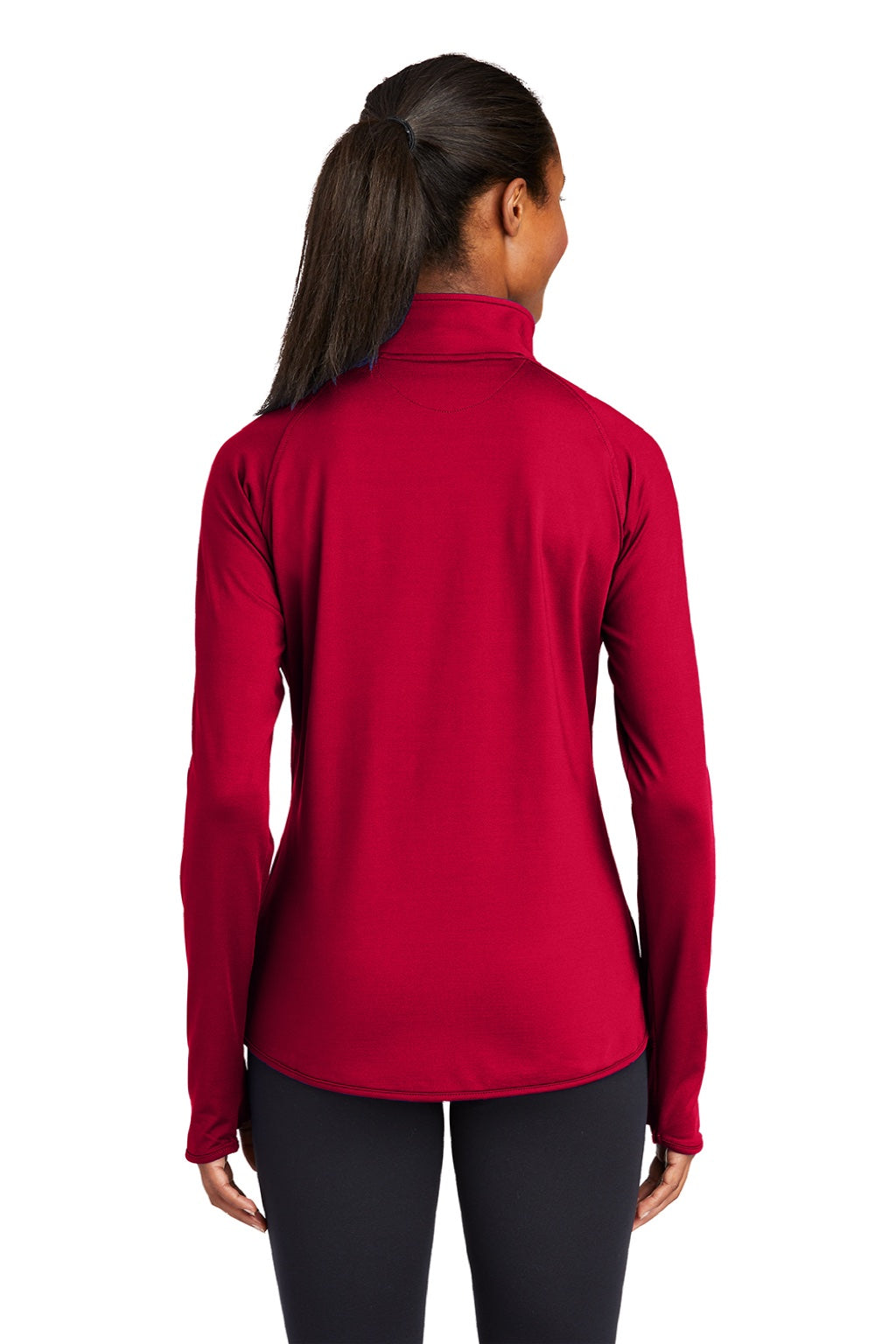 Sport-Tek LST850 Womens Sport-Wick Moisture Wicking 1/4 Zip Sweatshirt w/ Pouch Pocket Deep Red Model Back