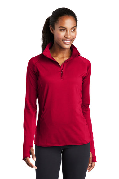 Sport-Tek LST850 Womens Sport-Wick Moisture Wicking 1/4 Zip Sweatshirt w/ Pouch Pocket Deep Red Model Front