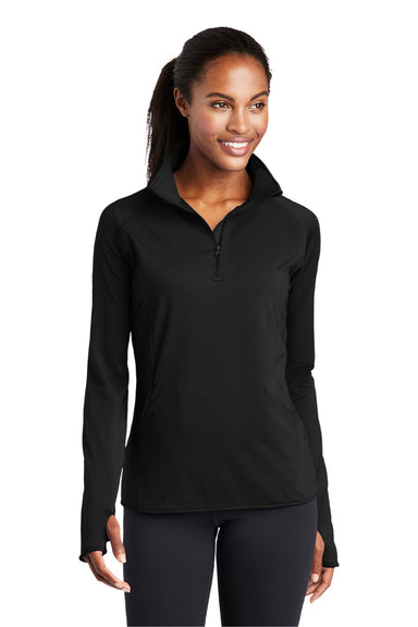 Sport-Tek LST850 Womens Sport-Wick Moisture Wicking 1/4 Zip Sweatshirt w/ Pouch Pocket Black Model Front