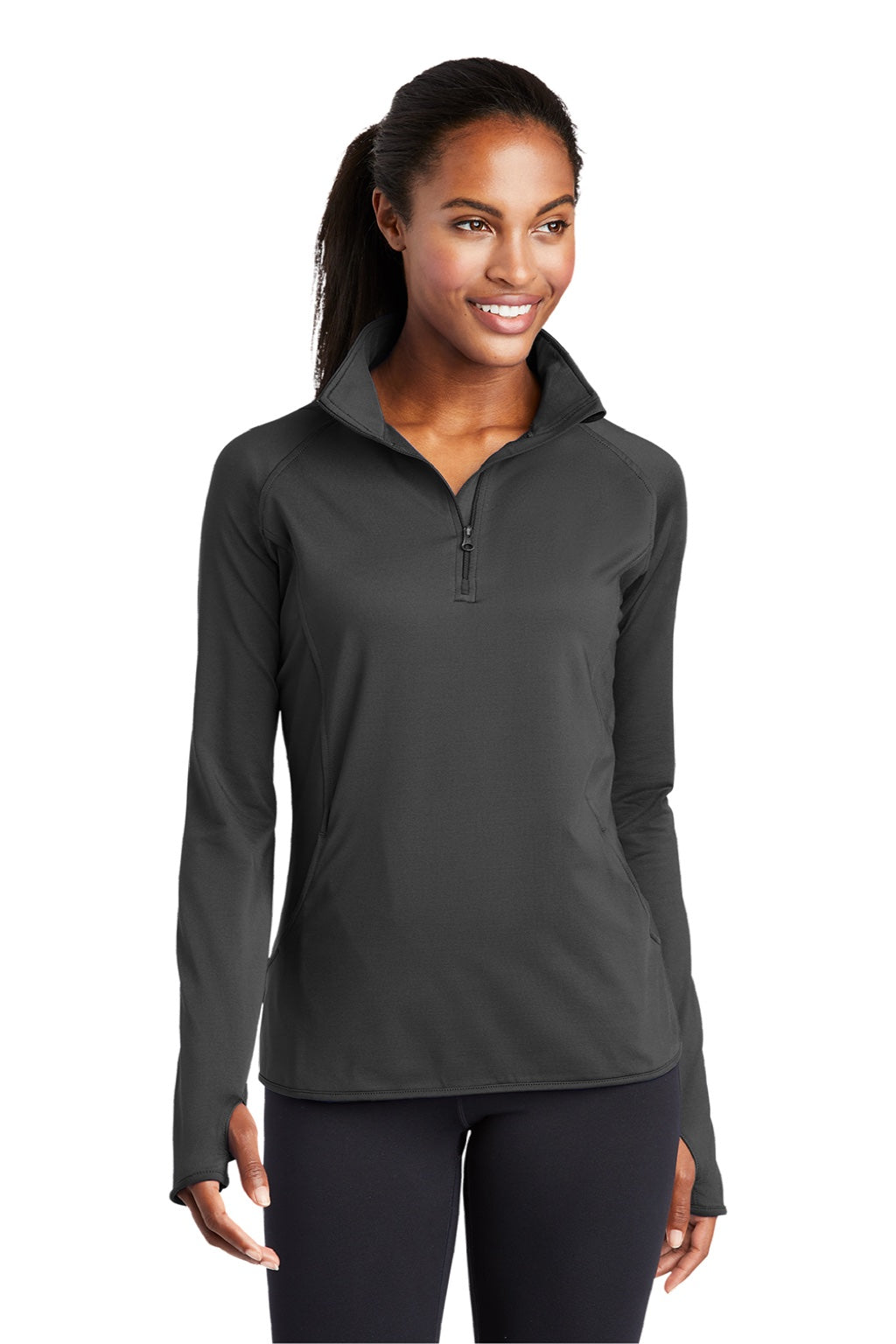 Sport-Tek LST850 Womens Sport-Wick Moisture Wicking 1/4 Zip Sweatshirt w/ Pouch Pocket Charcoal Grey Model Front