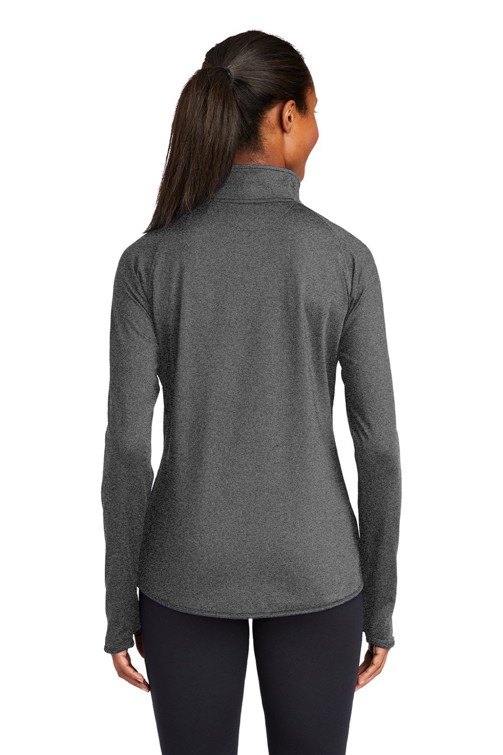 Sport-Tek LST850 Womens Sport-Wick Moisture Wicking 1/4 Zip Sweatshirt w/ Pouch Pocket Heather Charcoal Grey Model Back