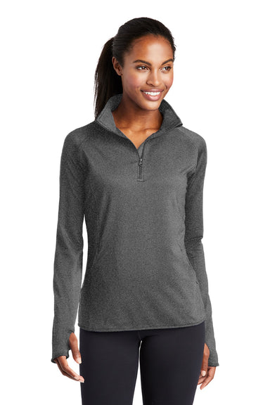 Sport-Tek LST850 Womens Sport-Wick Moisture Wicking 1/4 Zip Sweatshirt w/ Pouch Pocket Heather Charcoal Grey Model Front