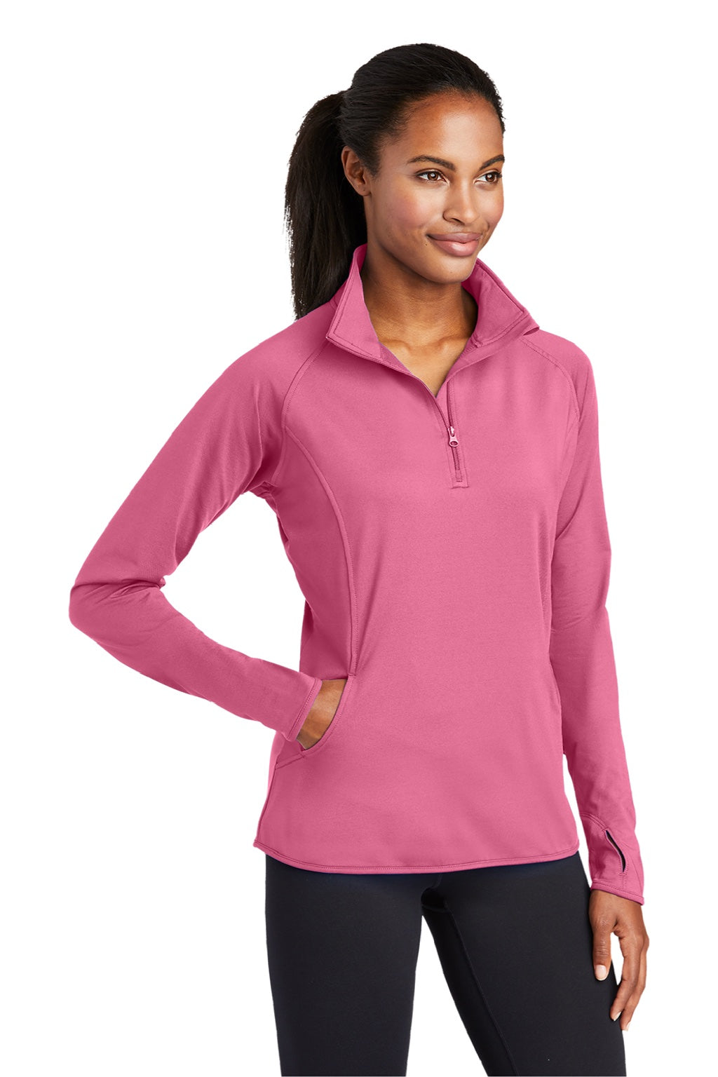 Sport-Tek LST850 Womens Sport-Wick Moisture Wicking 1/4 Zip Sweatshirt w/ Pouch Pocket Dusty Rose Pink Model 3q
