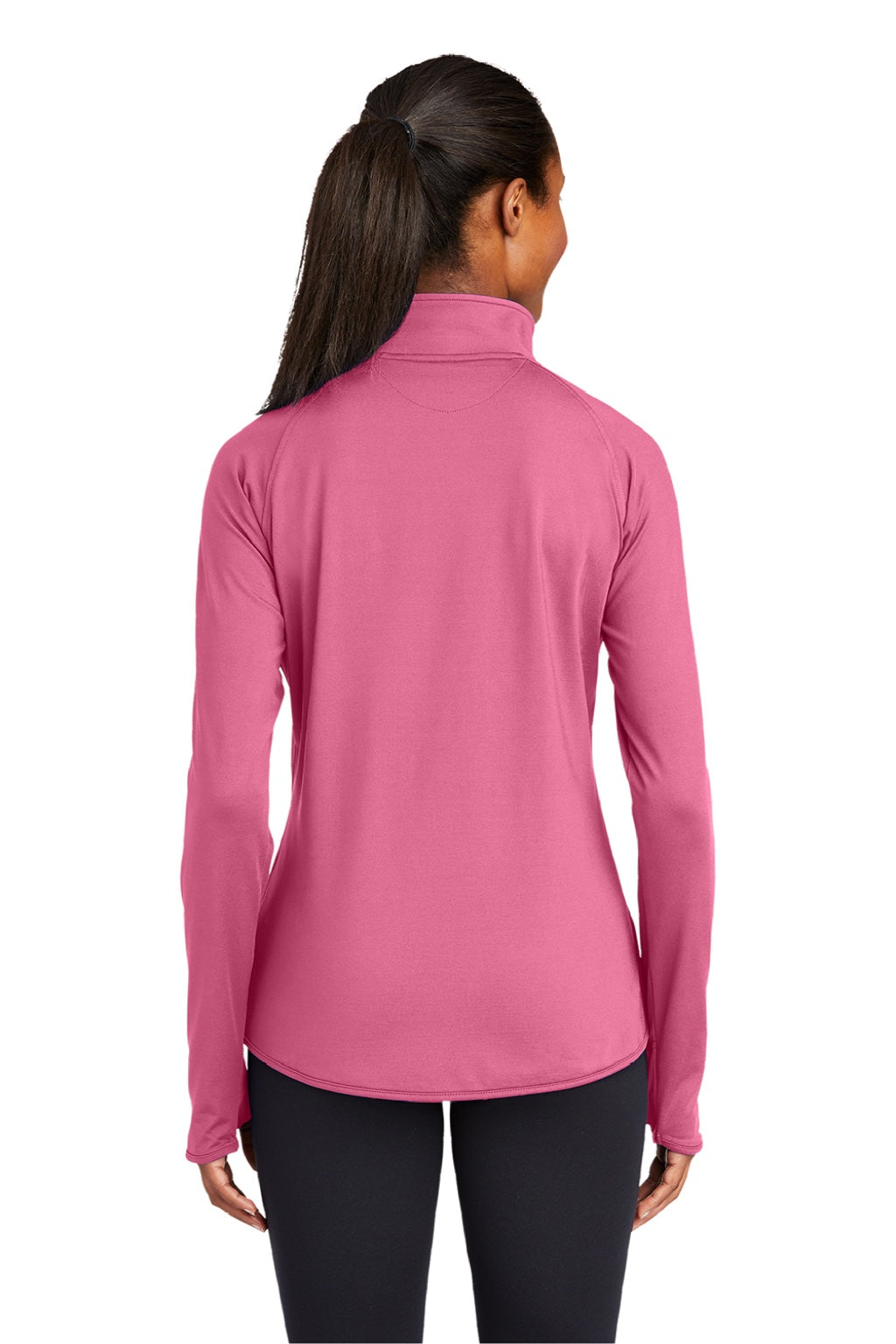 Sport-Tek LST850 Womens Sport-Wick Moisture Wicking 1/4 Zip Sweatshirt w/ Pouch Pocket Dusty Rose Pink Model Back