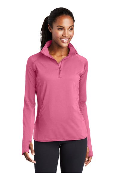 Sport-Tek LST850 Womens Sport-Wick Moisture Wicking 1/4 Zip Sweatshirt w/ Pouch Pocket Dusty Rose Pink Model Front