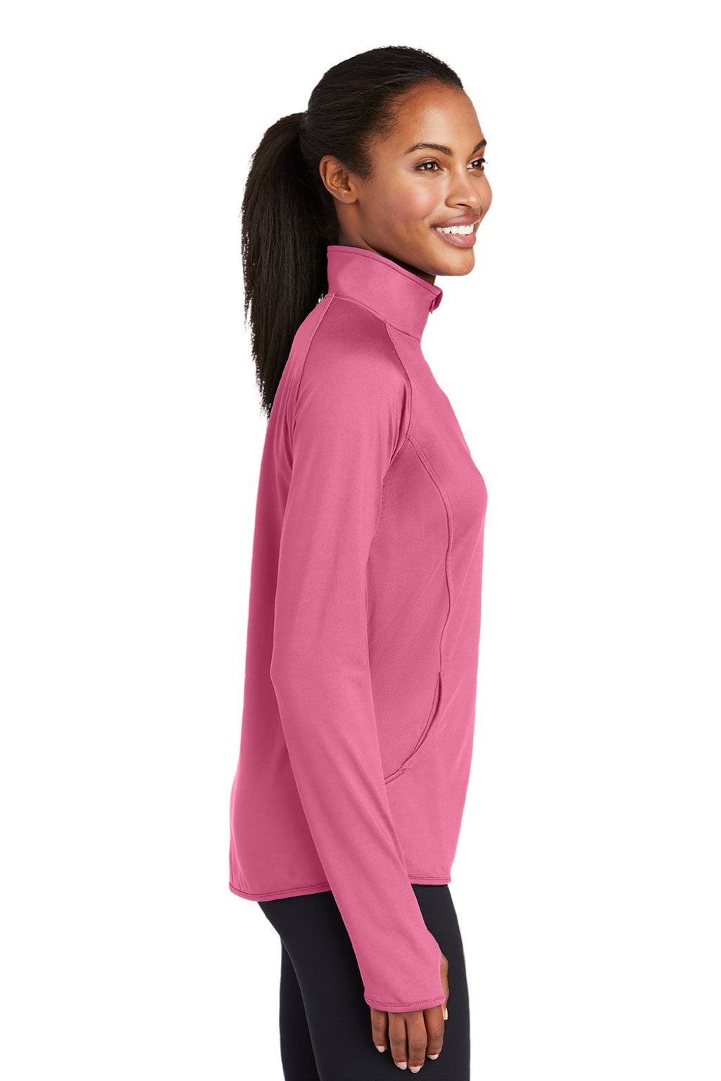 Sport-Tek LST850 Womens Sport-Wick Moisture Wicking 1/4 Zip Sweatshirt w/ Pouch Pocket Dusty Rose Pink Model Side