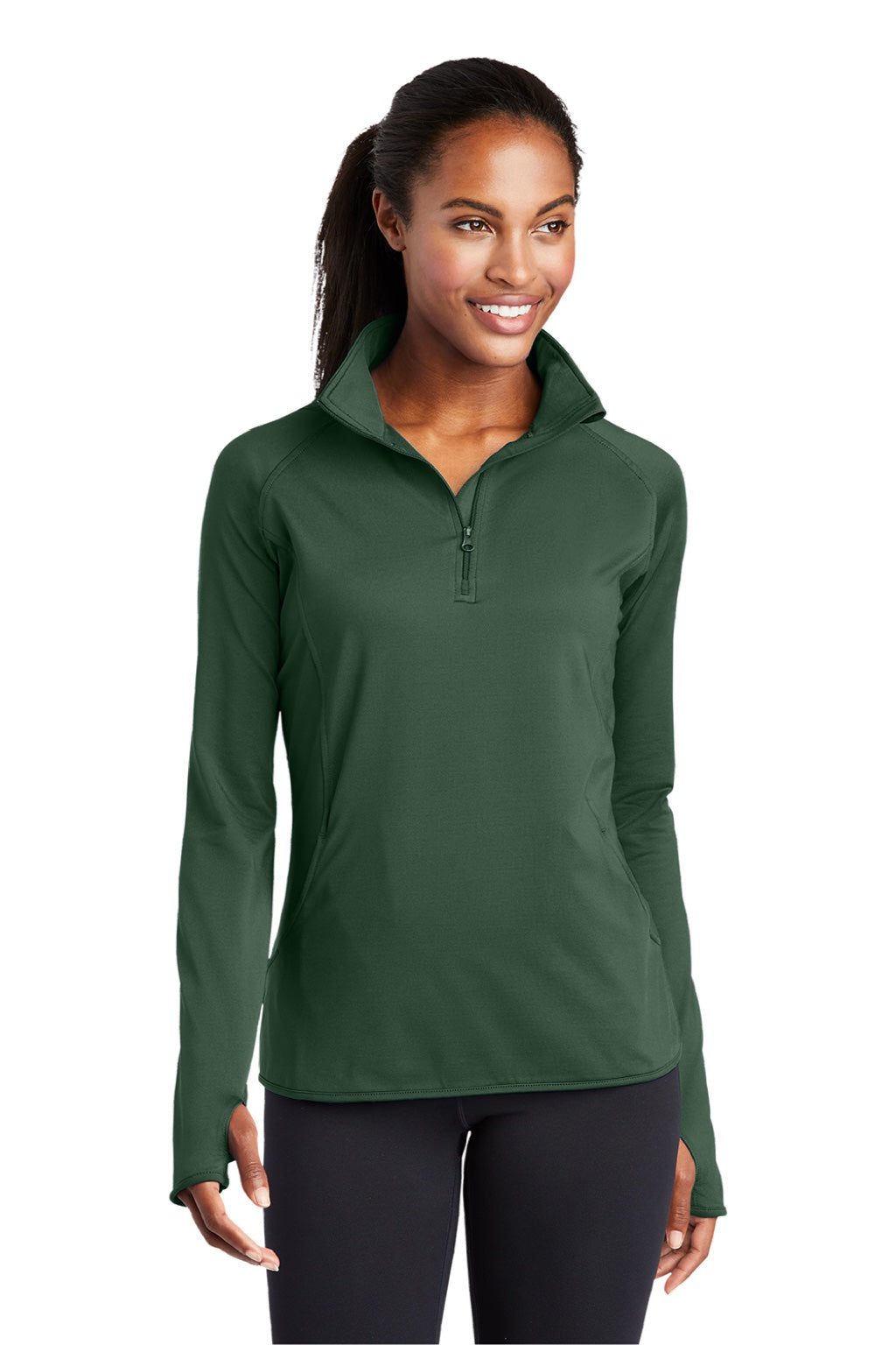 Sport-Tek LST850 Womens Sport-Wick Moisture Wicking 1/4 Zip Sweatshirt w/ Pouch Pocket Forest Green Model Front