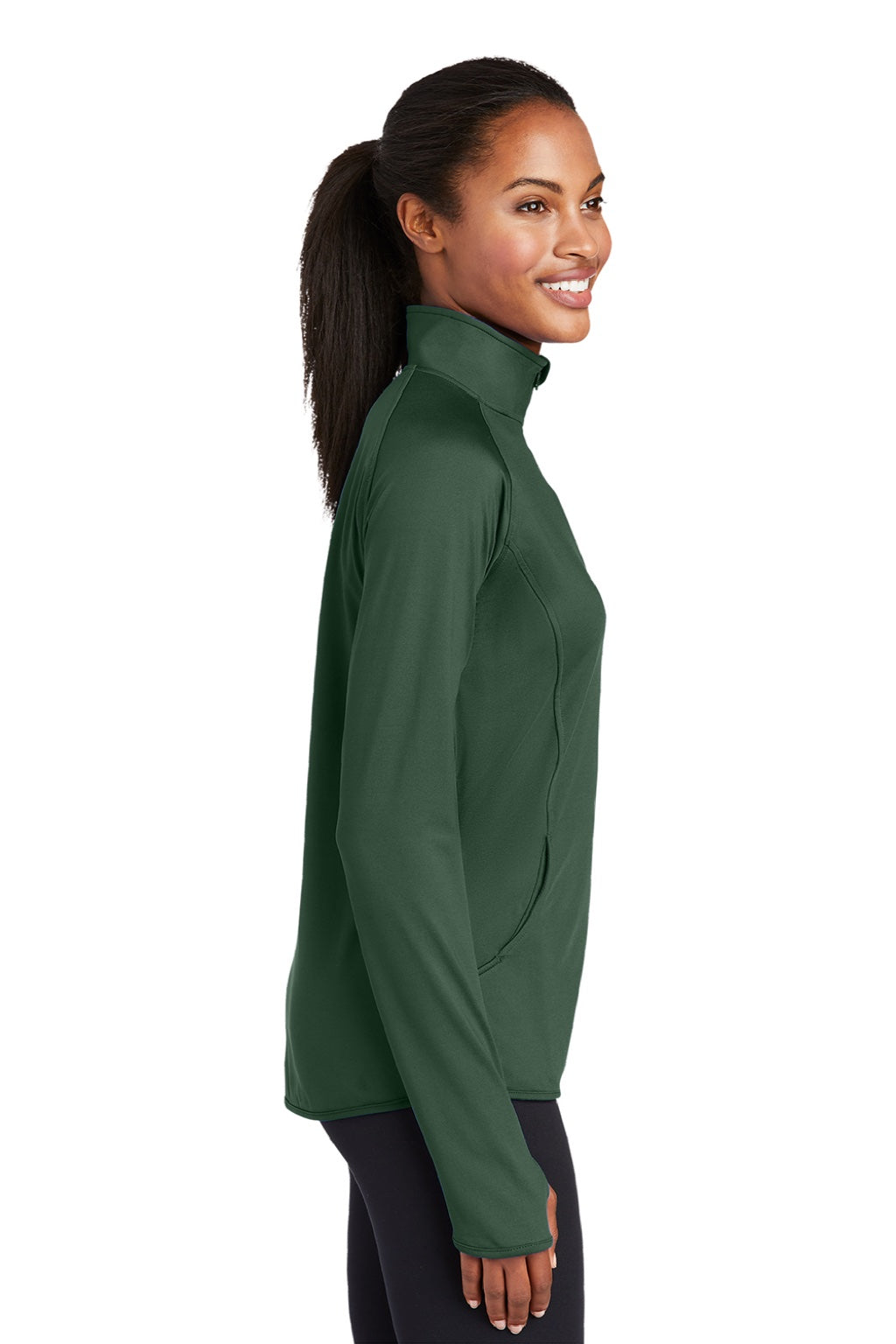 Sport-Tek LST850 Womens Sport-Wick Moisture Wicking 1/4 Zip Sweatshirt w/ Pouch Pocket Forest Green Model Side