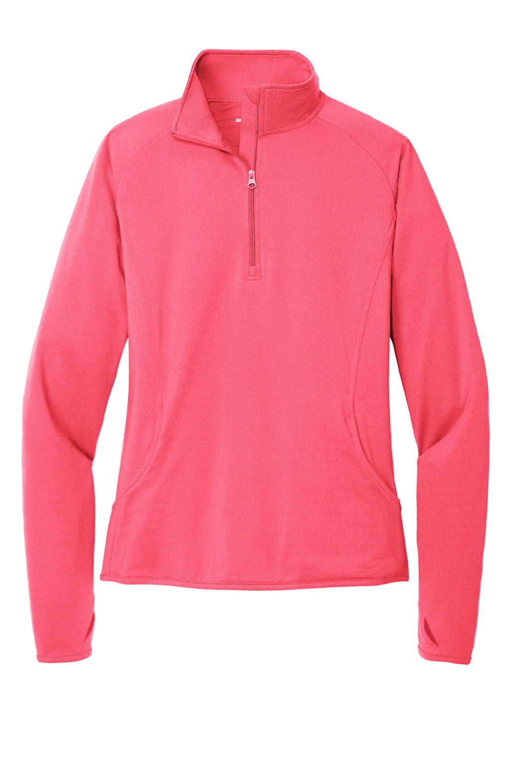 Sport-Tek LST850 Womens Sport-Wick Moisture Wicking 1/4 Zip Sweatshirt w/ Pouch Pocket Hot Coral Pink Flat Front