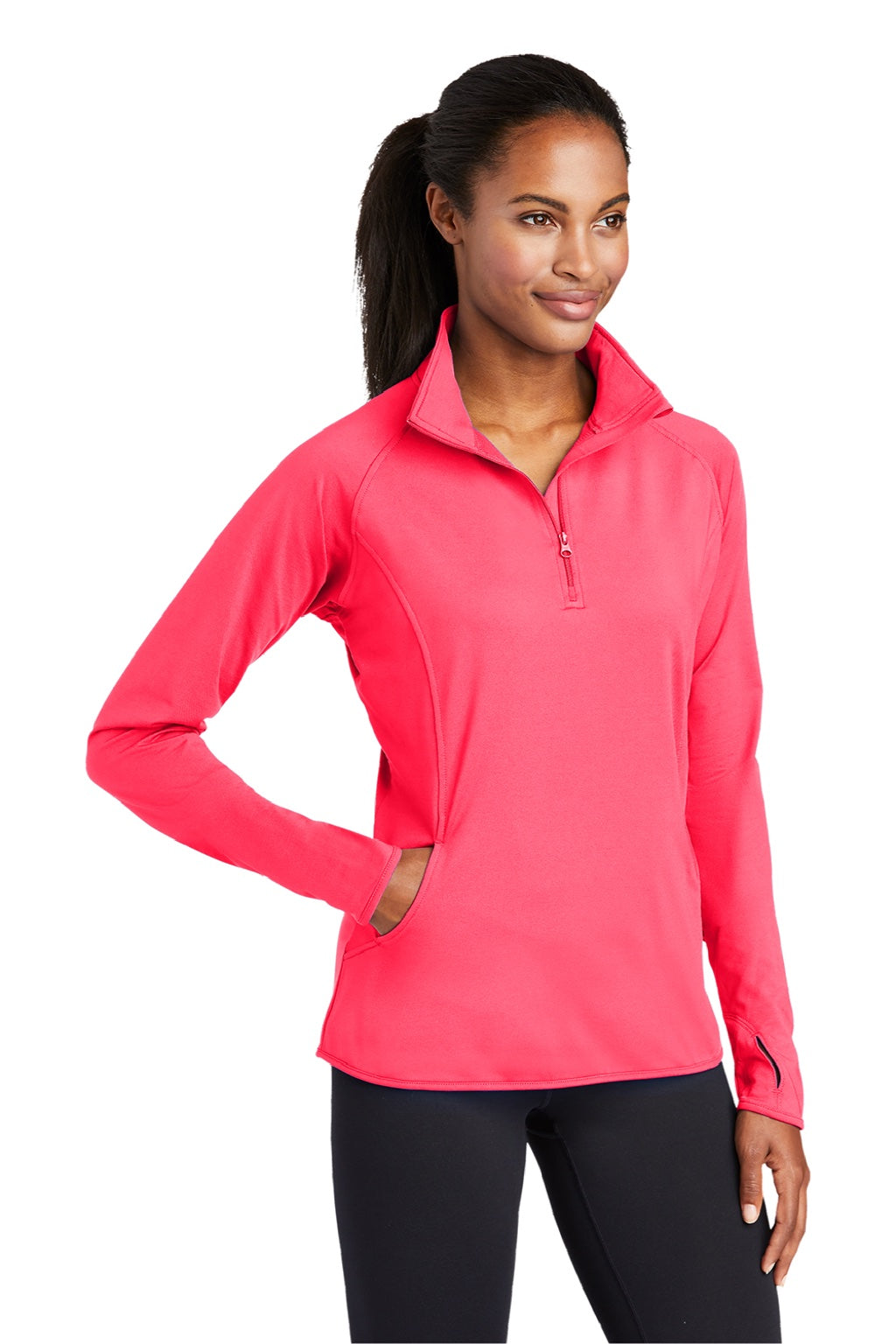 Sport-Tek LST850 Womens Sport-Wick Moisture Wicking 1/4 Zip Sweatshirt w/ Pouch Pocket Hot Coral Pink Model 3q