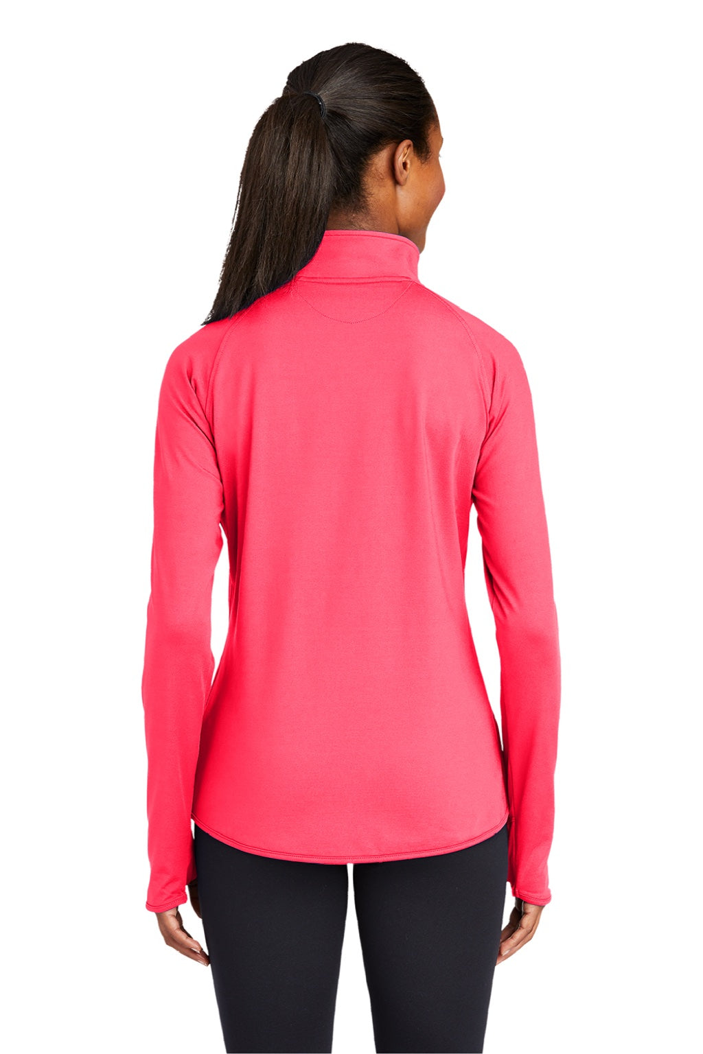 Sport-Tek LST850 Womens Sport-Wick Moisture Wicking 1/4 Zip Sweatshirt w/ Pouch Pocket Hot Coral Pink Model Back