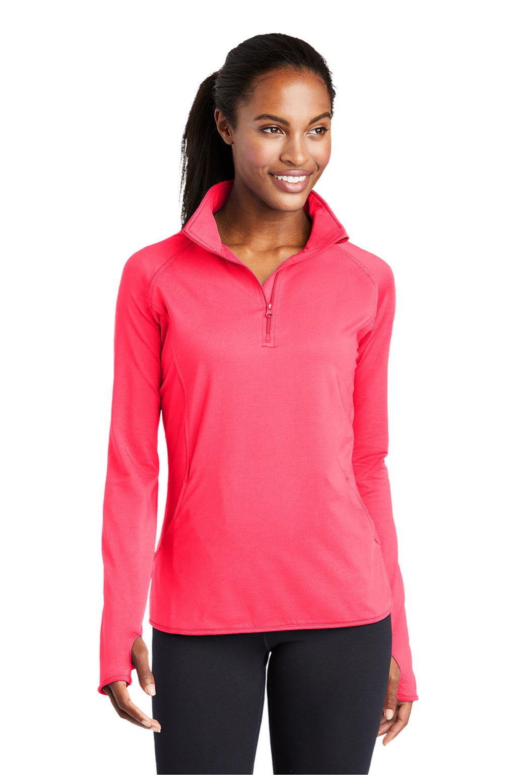 Sport-Tek LST850 Womens Sport-Wick Moisture Wicking 1/4 Zip Sweatshirt w/ Pouch Pocket Hot Coral Pink Model Front