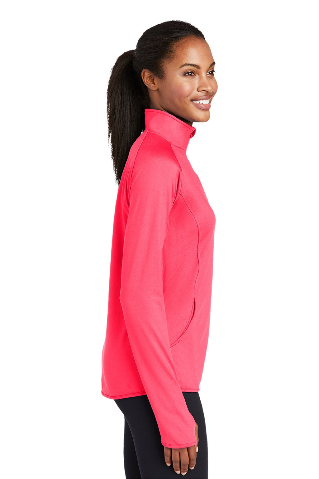 Sport-Tek LST850 Womens Sport-Wick Moisture Wicking 1/4 Zip Sweatshirt w/ Pouch Pocket Hot Coral Pink Model Side