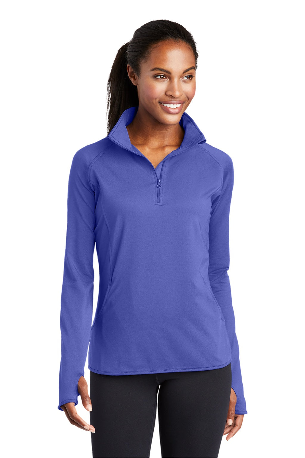 Sport-Tek LST850 Womens Sport-Wick Moisture Wicking 1/4 Zip Sweatshirt w/ Pouch Pocket Iris Purple Model Front