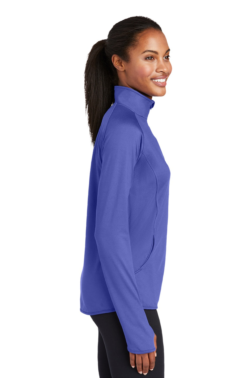 Sport-Tek LST850 Womens Sport-Wick Moisture Wicking 1/4 Zip Sweatshirt w/ Pouch Pocket Iris Purple Model Side