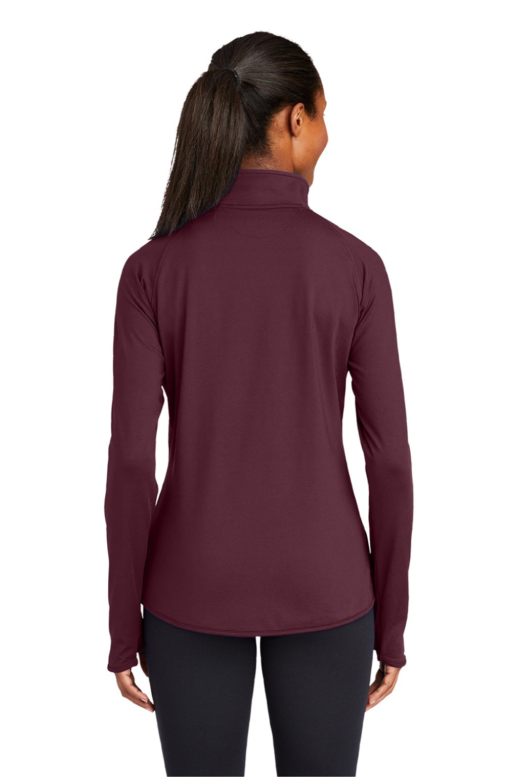 Sport-Tek LST850 Womens Sport-Wick Moisture Wicking 1/4 Zip Sweatshirt w/ Pouch Pocket Maroon Model Back