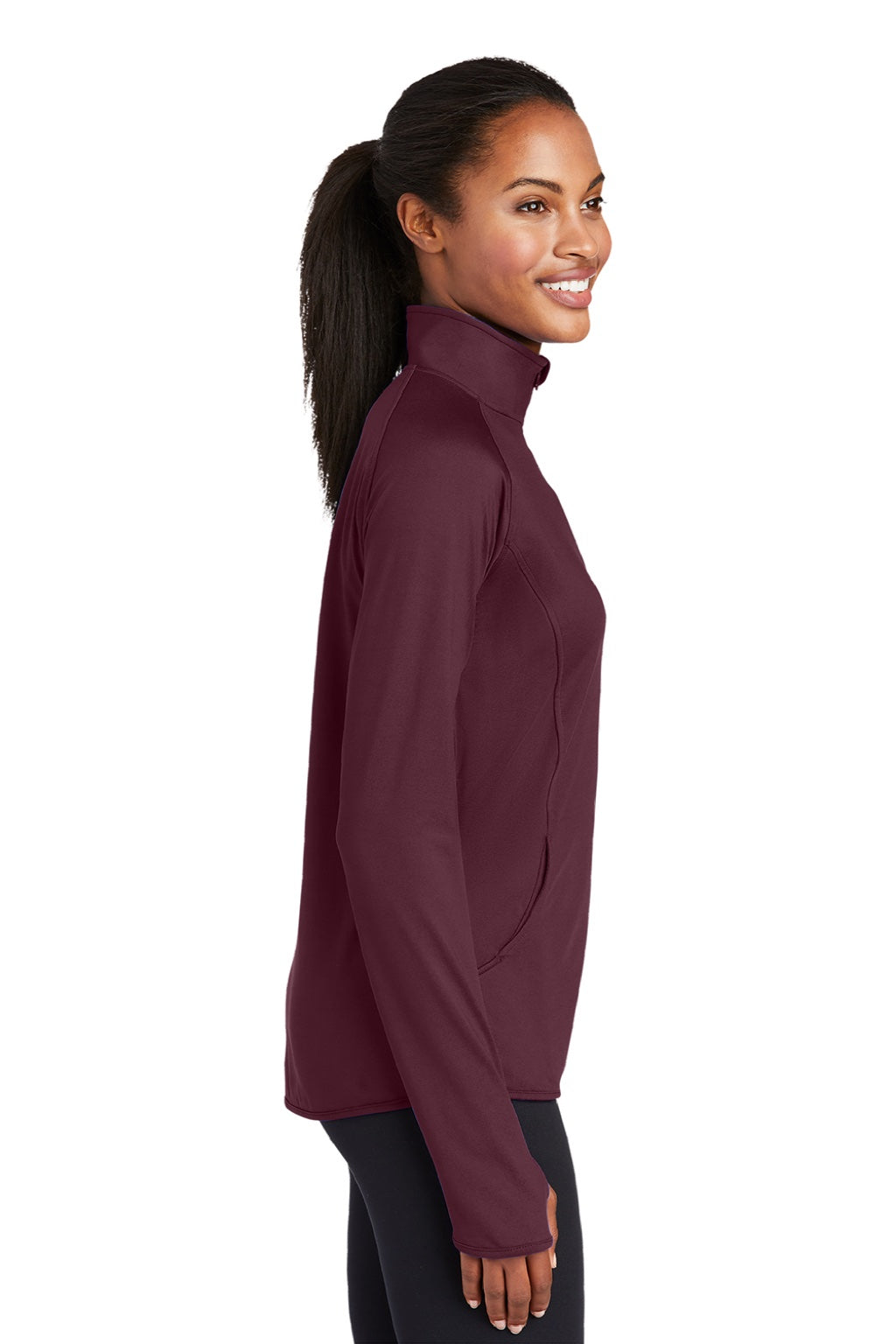 Sport-Tek LST850 Womens Sport-Wick Moisture Wicking 1/4 Zip Sweatshirt w/ Pouch Pocket Maroon Model Side