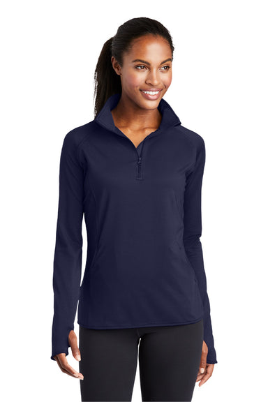 Sport-Tek LST850 Womens Sport-Wick Moisture Wicking 1/4 Zip Sweatshirt w/ Pouch Pocket True Navy Blue Model Front