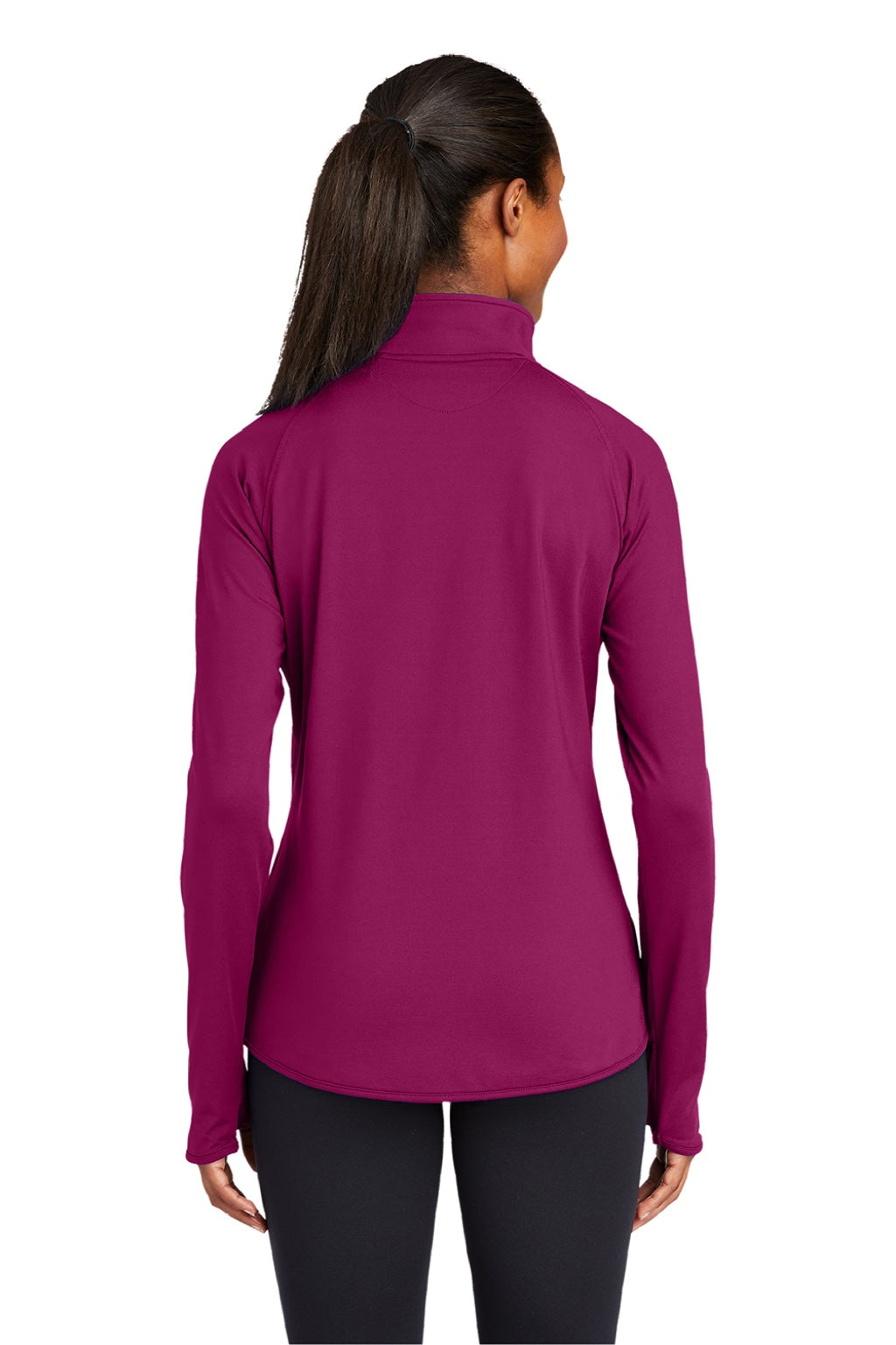 Sport-Tek LST850 Womens Sport-Wick Moisture Wicking 1/4 Zip Sweatshirt w/ Pouch Pocket Pink Rush Model Back