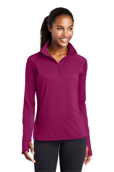 Sport-Tek LST850 Womens Sport-Wick Moisture Wicking 1/4 Zip Sweatshirt w/ Pouch Pocket Pink Rush Model Front