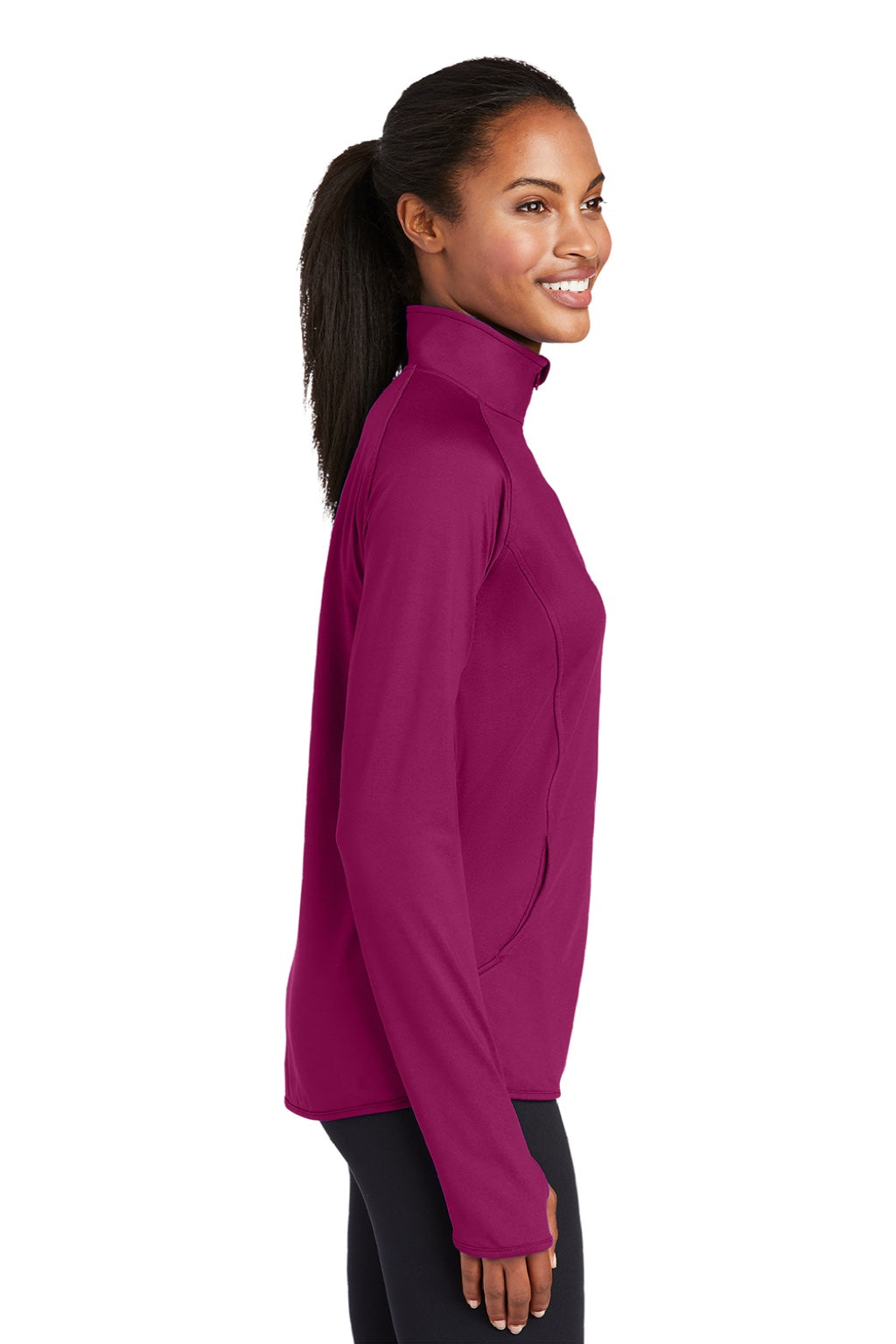 Sport-Tek LST850 Womens Sport-Wick Moisture Wicking 1/4 Zip Sweatshirt w/ Pouch Pocket Pink Rush Model Side