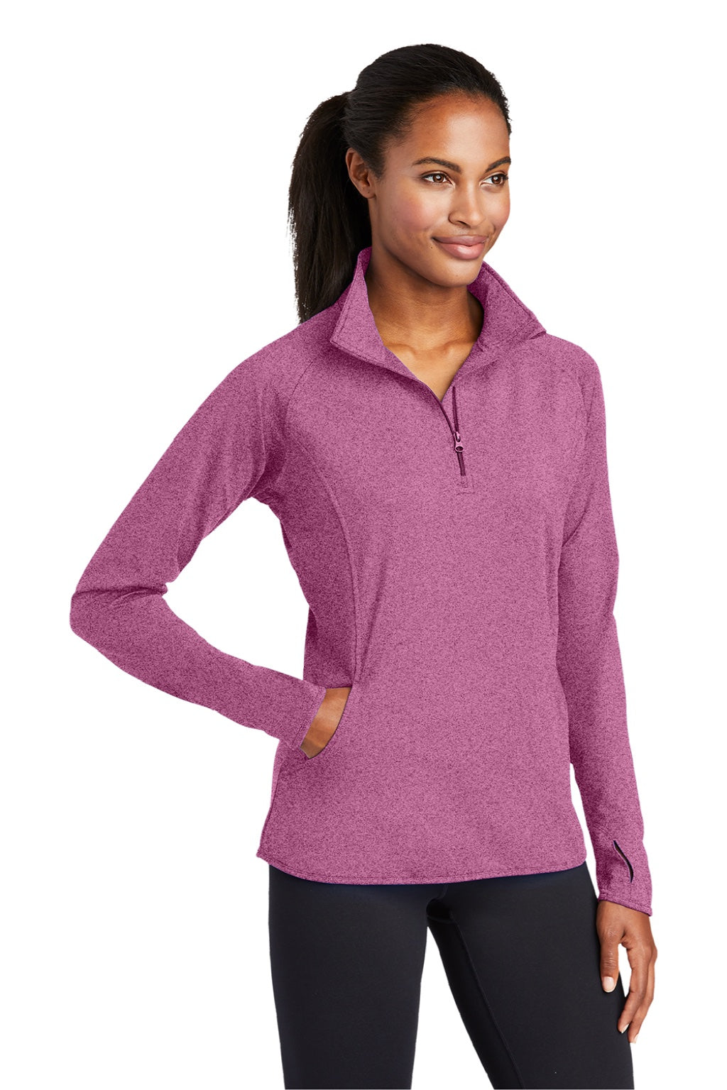 Sport-Tek LST850 Womens Sport-Wick Moisture Wicking 1/4 Zip Sweatshirt w/ Pouch Pocket Heather Pink Rush Model 3q