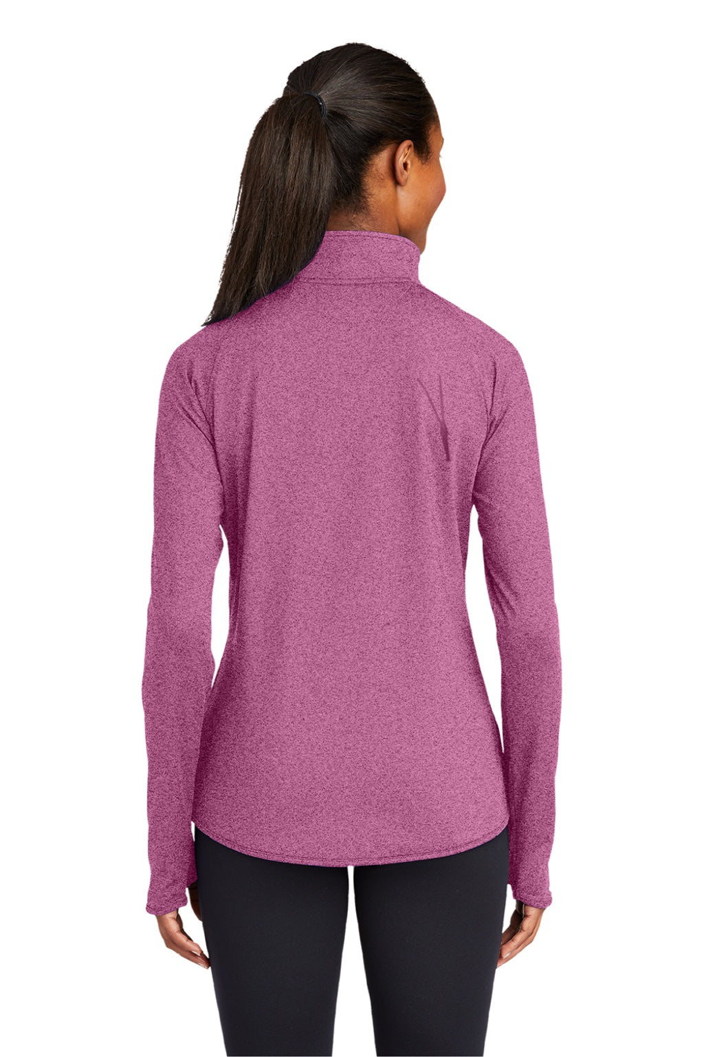 Sport-Tek LST850 Womens Sport-Wick Moisture Wicking 1/4 Zip Sweatshirt w/ Pouch Pocket Heather Pink Rush Model Back