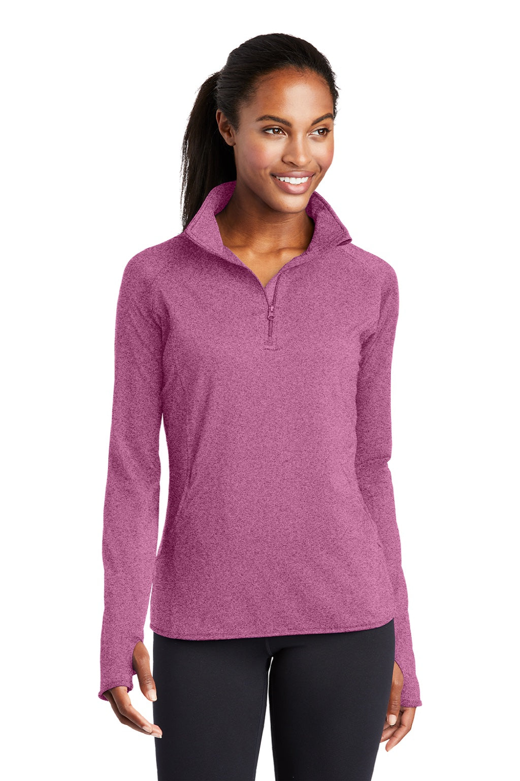 Sport-Tek LST850 Womens Sport-Wick Moisture Wicking 1/4 Zip Sweatshirt w/ Pouch Pocket Heather Pink Rush Model Front
