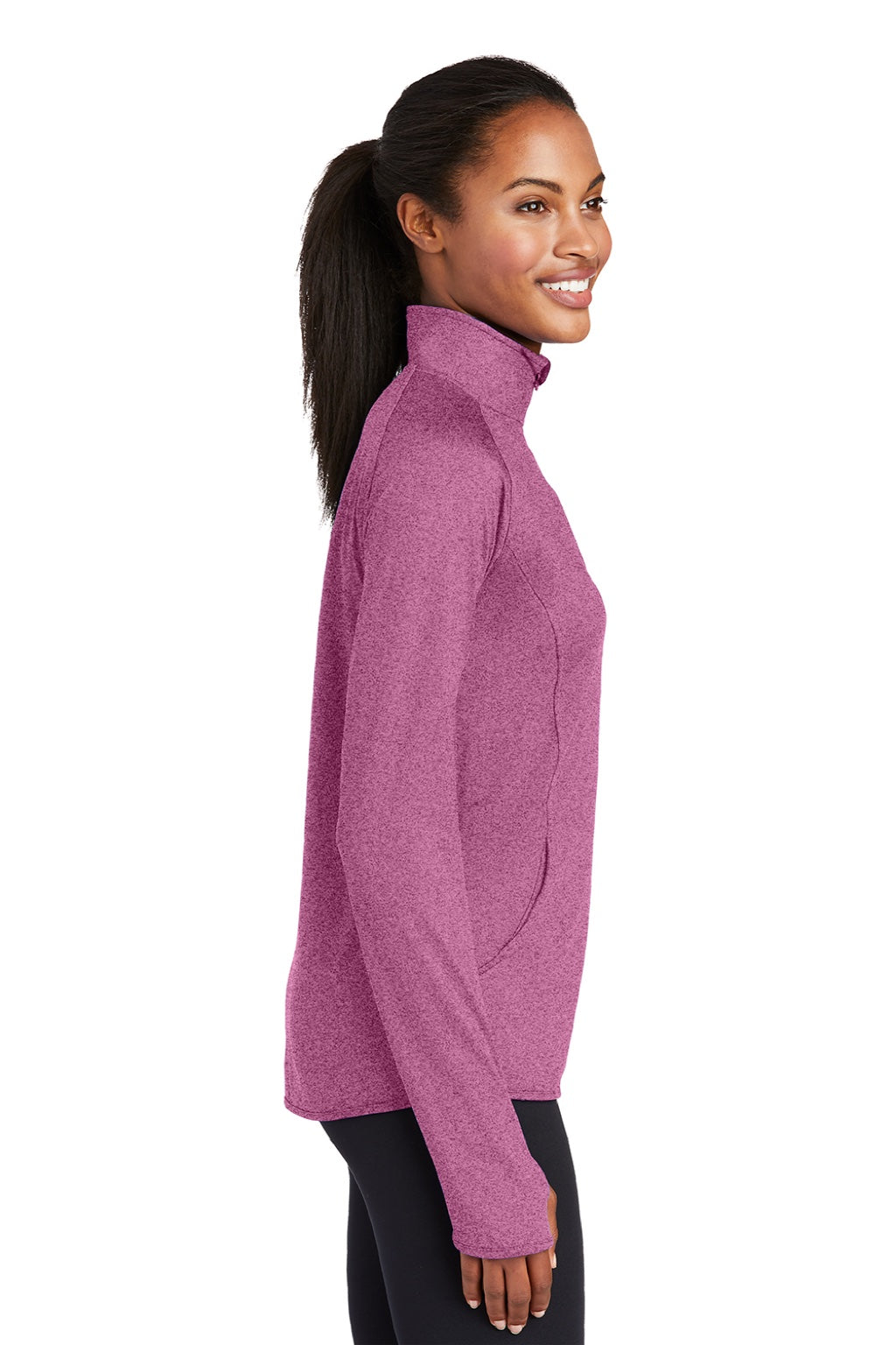 Sport-Tek LST850 Womens Sport-Wick Moisture Wicking 1/4 Zip Sweatshirt w/ Pouch Pocket Heather Pink Rush Model Side