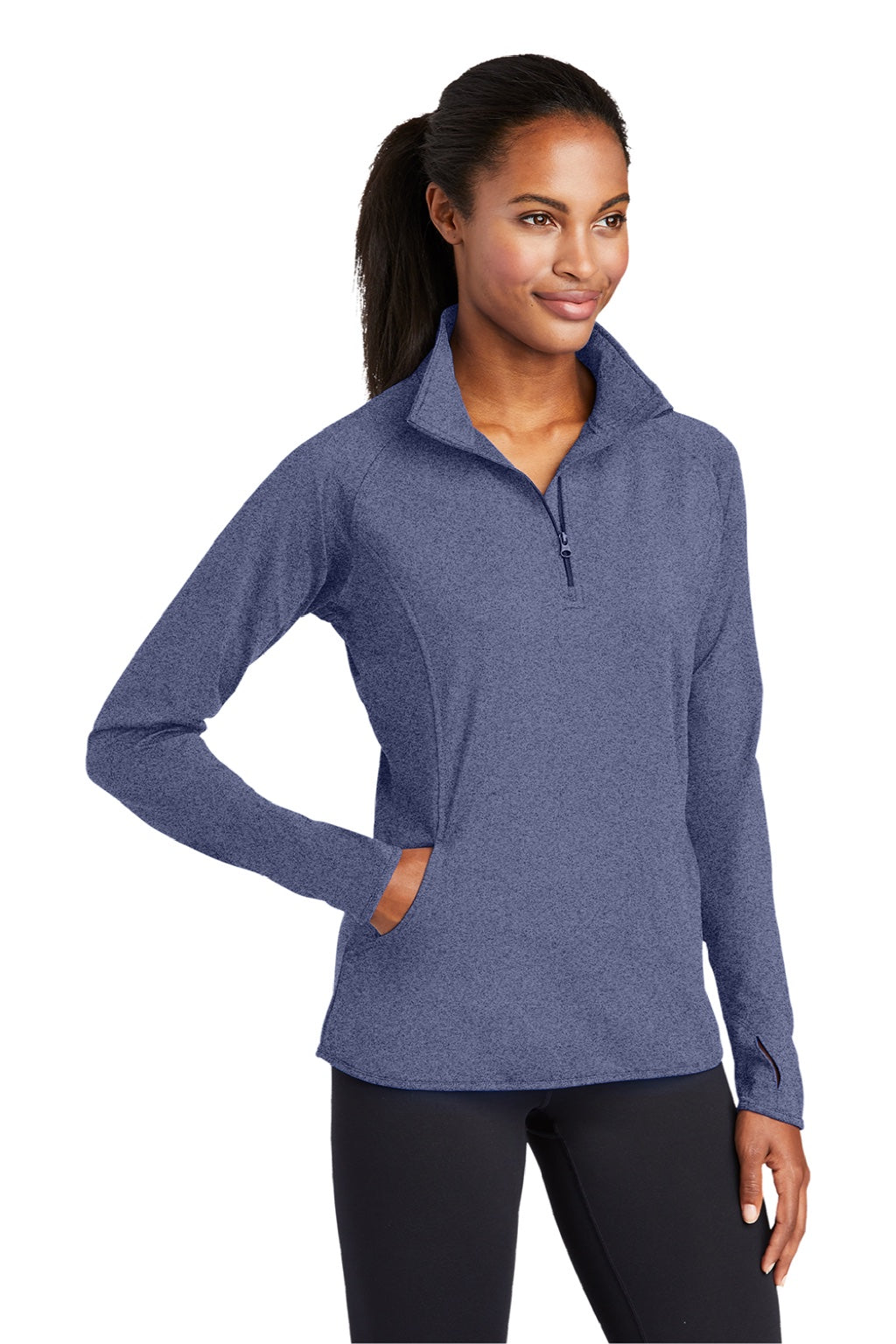 Sport-Tek LST850 Womens Sport-Wick Moisture Wicking 1/4 Zip Sweatshirt w/ Pouch Pocket Heather True Navy Blue Model 3q