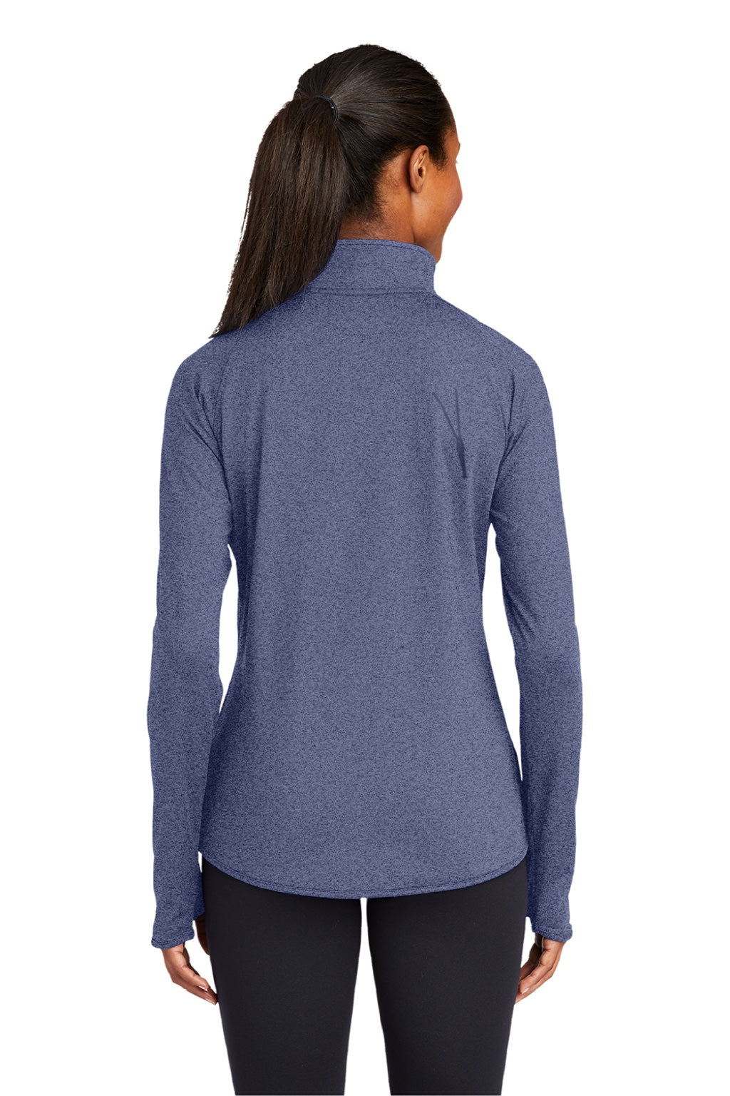 Sport-Tek LST850 Womens Sport-Wick Moisture Wicking 1/4 Zip Sweatshirt w/ Pouch Pocket Heather True Navy Blue Model Back