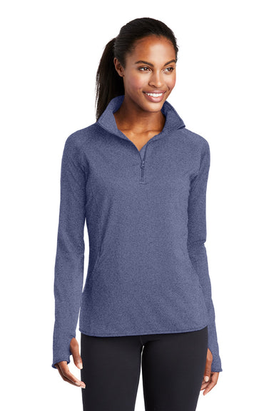 Sport-Tek LST850 Womens Sport-Wick Moisture Wicking 1/4 Zip Sweatshirt w/ Pouch Pocket Heather True Navy Blue Model Front