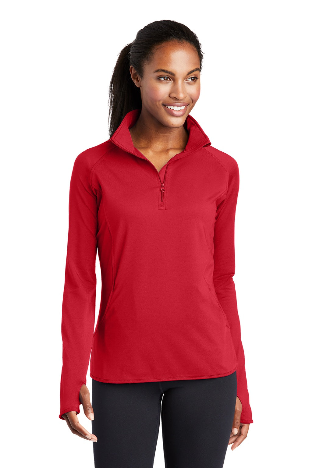 Sport-Tek LST850 Womens Sport-Wick Moisture Wicking 1/4 Zip Sweatshirt w/ Pouch Pocket True Red Model Front