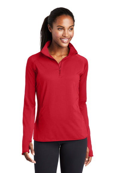 Sport-Tek LST850 Womens Sport-Wick Moisture Wicking 1/4 Zip Sweatshirt w/ Pouch Pocket True Red Model Front