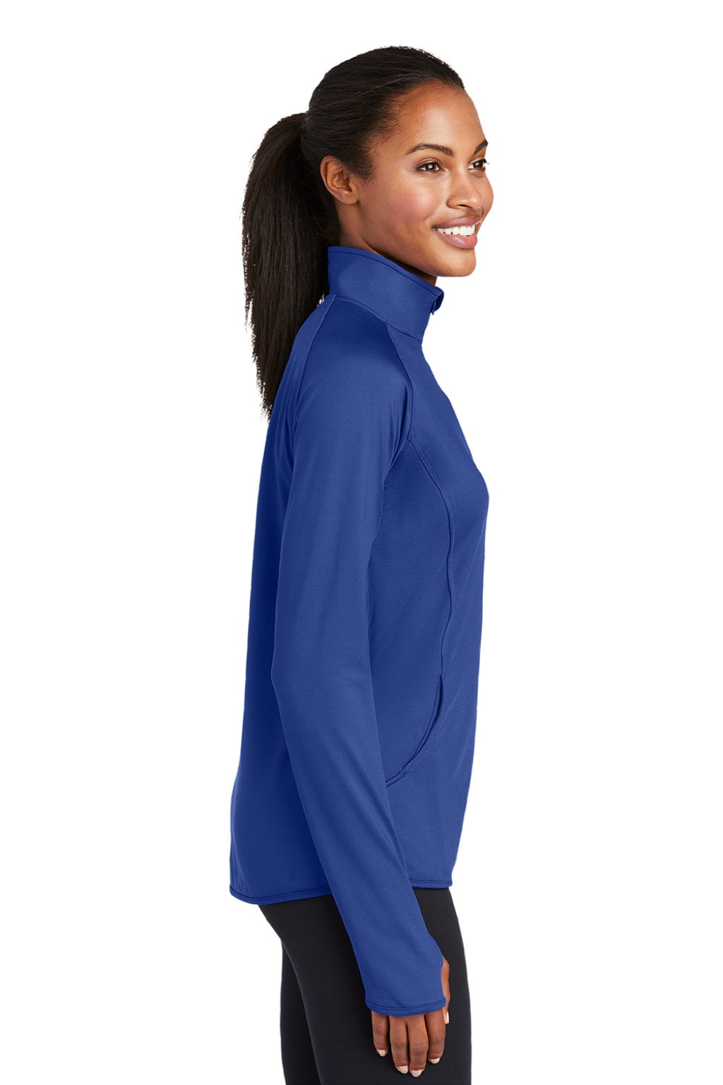 Sport-Tek LST850 Womens Sport-Wick Moisture Wicking 1/4 Zip Sweatshirt w/ Pouch Pocket True Royal Blue Model Side