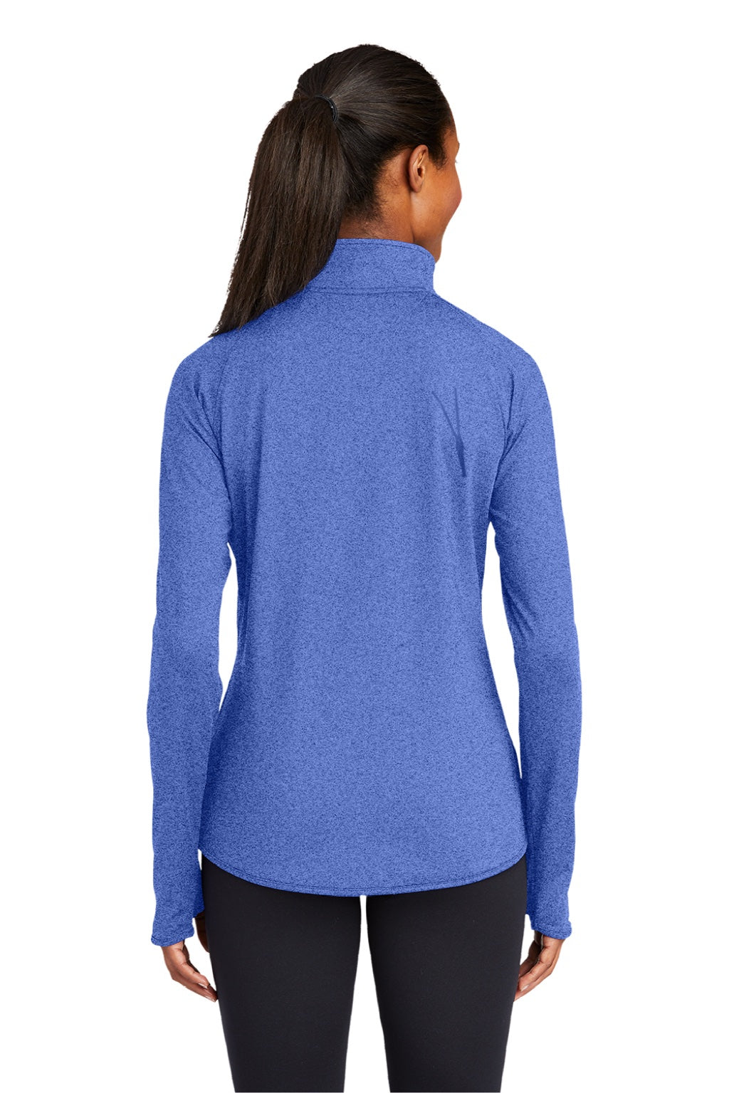 Sport-Tek LST850 Womens Sport-Wick Moisture Wicking 1/4 Zip Sweatshirt w/ Pouch Pocket Heather True Royal Blue Model Back